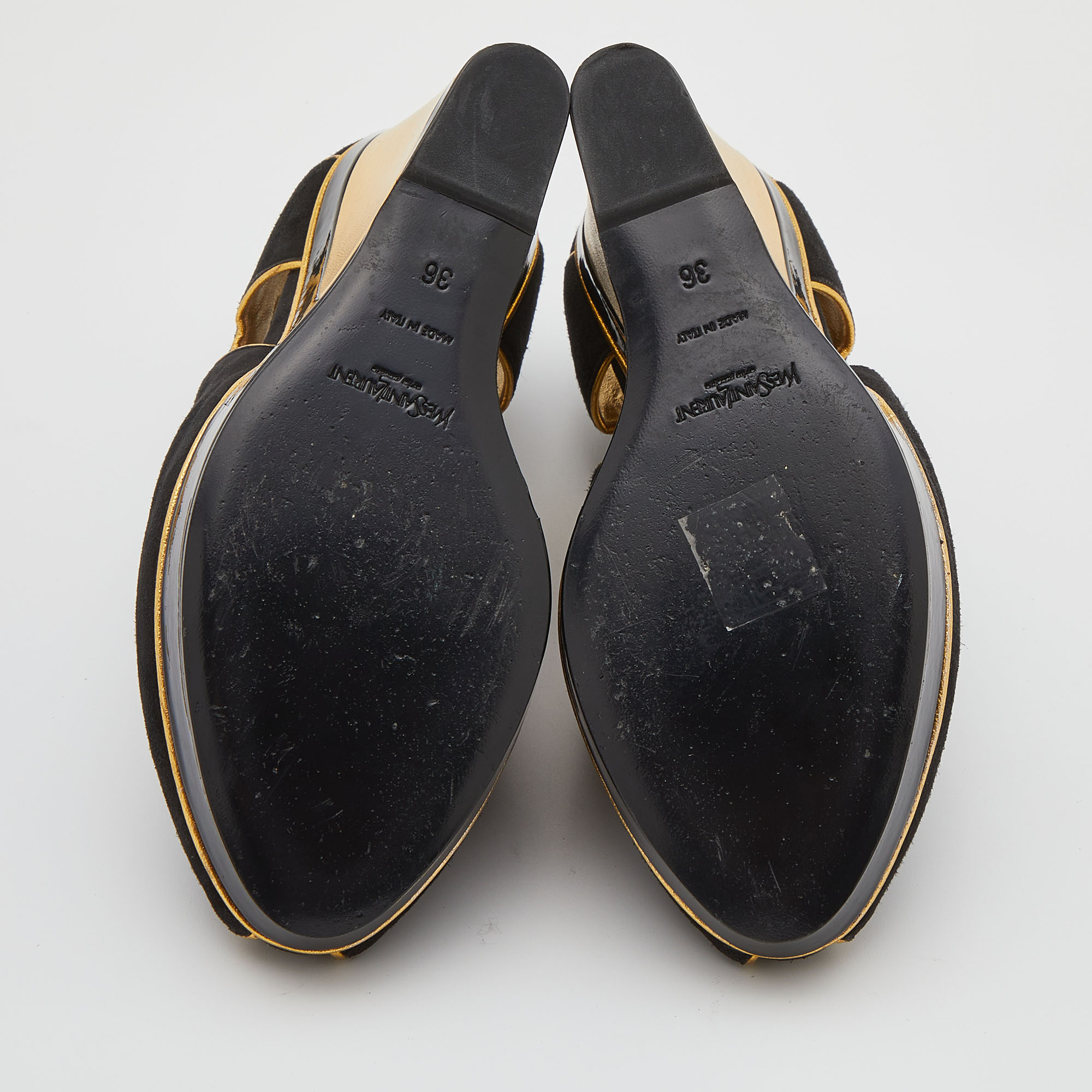 Yves Saint Laurent Black/Gold Cut-Out Suede Peep Toe Platform Wedge Pumps Size 36