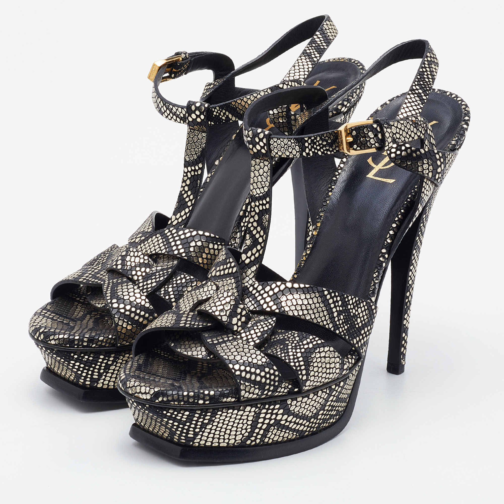 

Yves Saint Laurent Metallic Black/Gold Python Embossed Leather Tribute Platform Sandals Size
