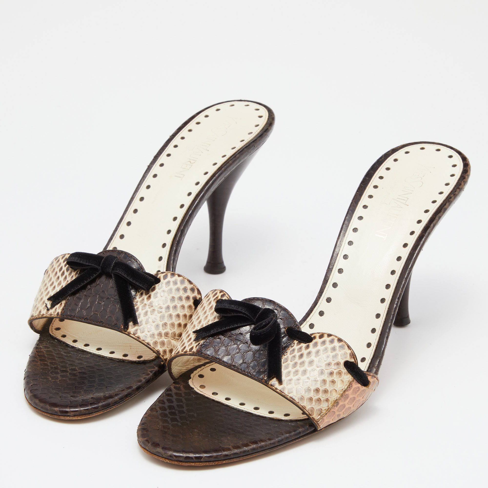 

Yves Saint Laurent White/Brown Watersnake Slide Sandals Size