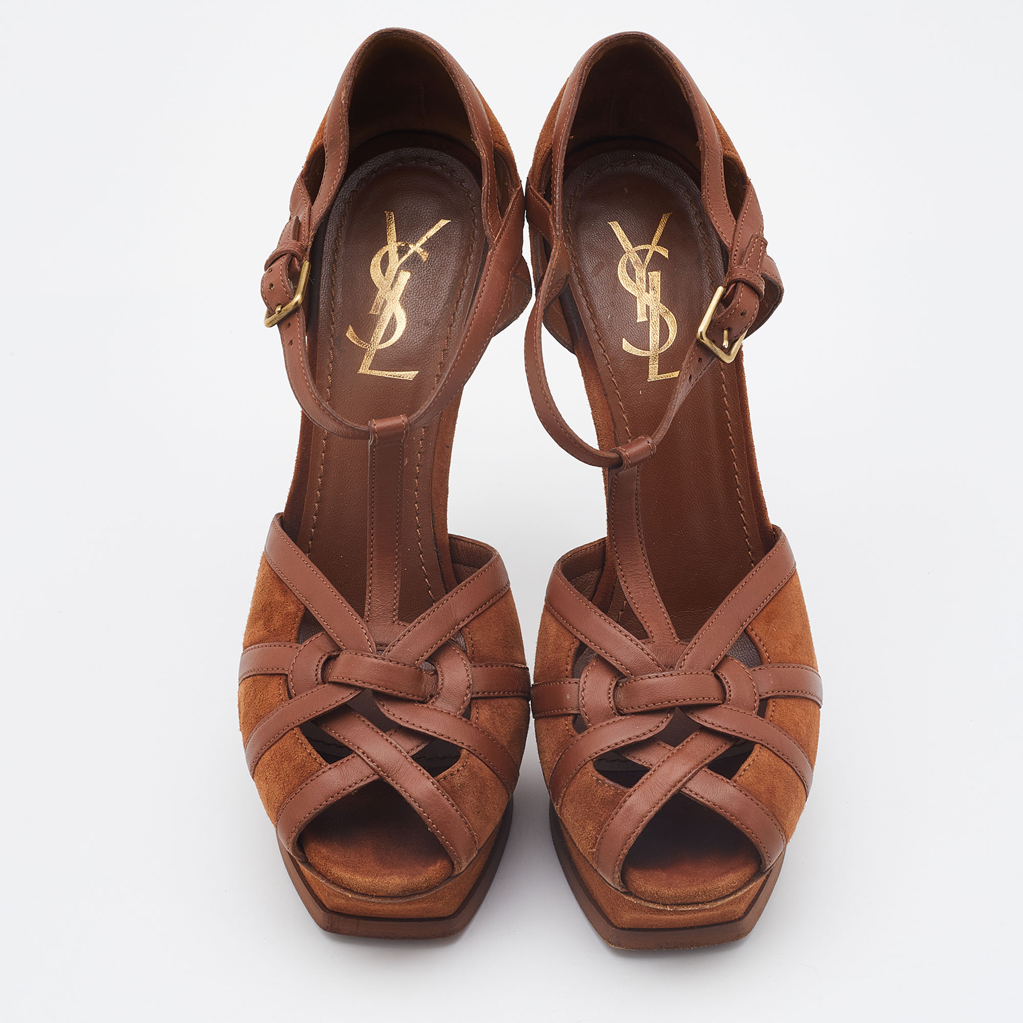 Yves Saint Laurent Brown Suede And Leather Tribute Sandals Size 38.5