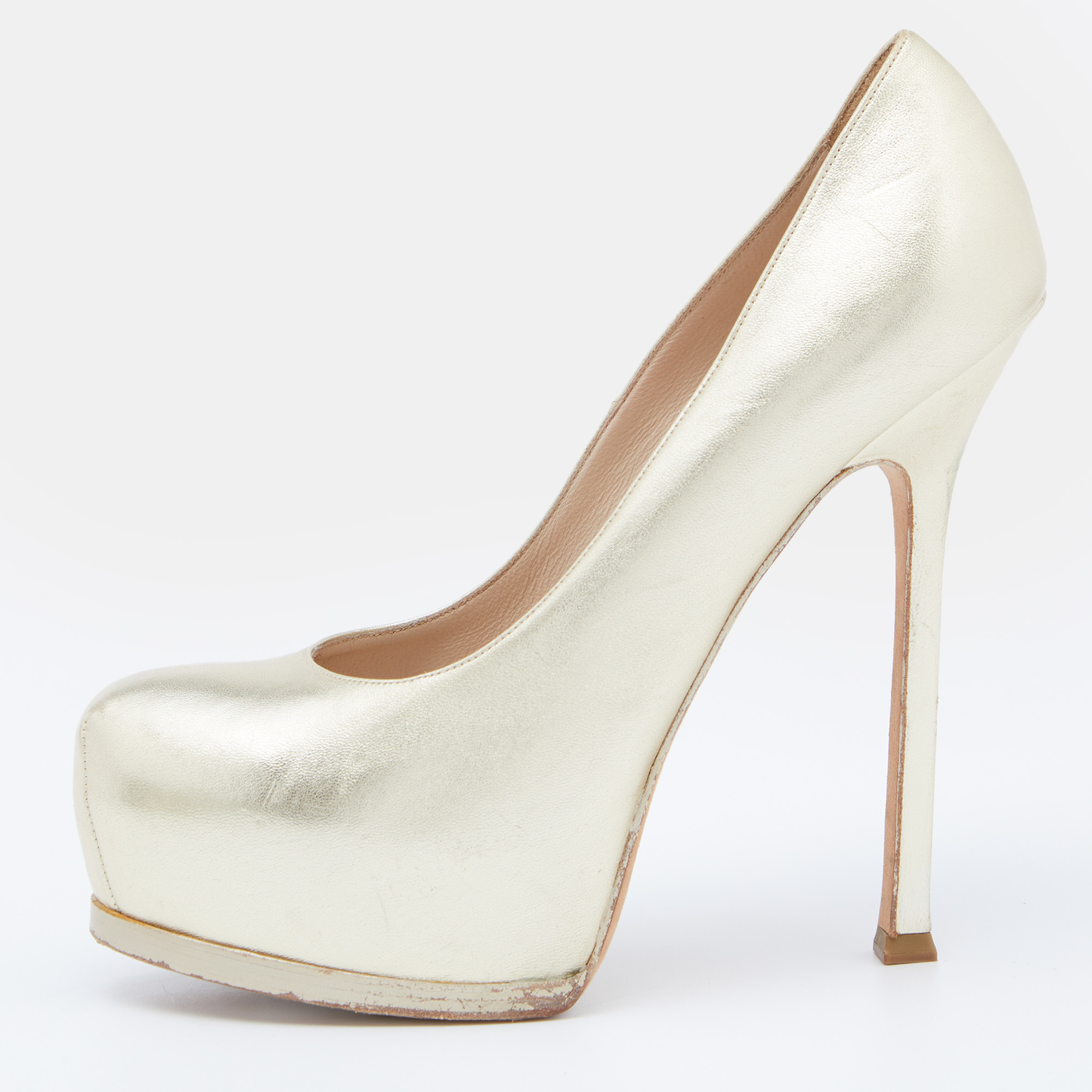 Yves saint laurent gold leather tribtoo platform pumps size 38.5