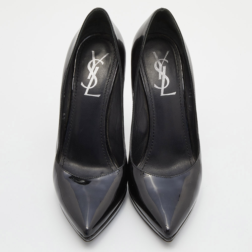 Yves Saint Laurent Black Patent Leather Pointed Toe Platform Pumps Size 37