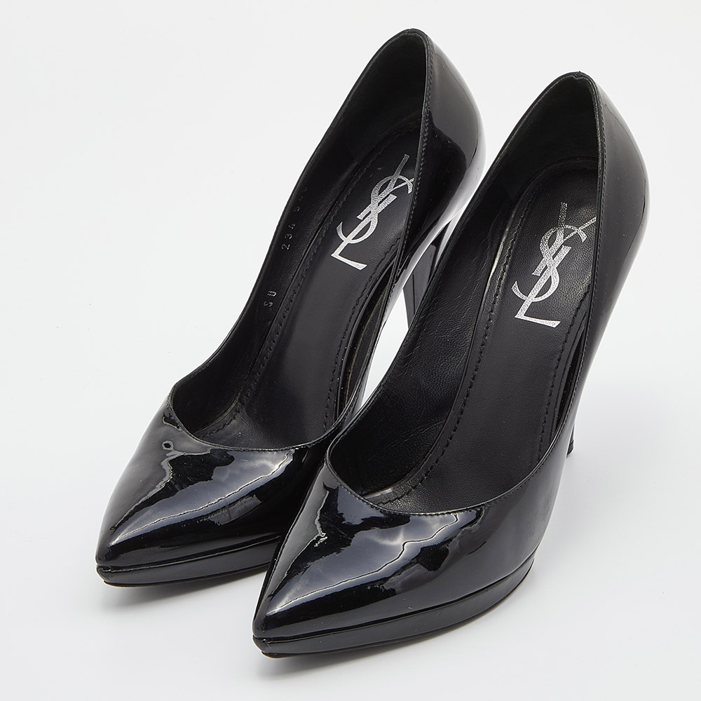 Yves Saint Laurent Black Patent Leather Pointed Toe Platform Pumps Size 37