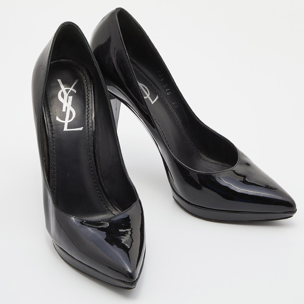 Yves Saint Laurent Black Patent Leather Pointed Toe Platform Pumps Size 37