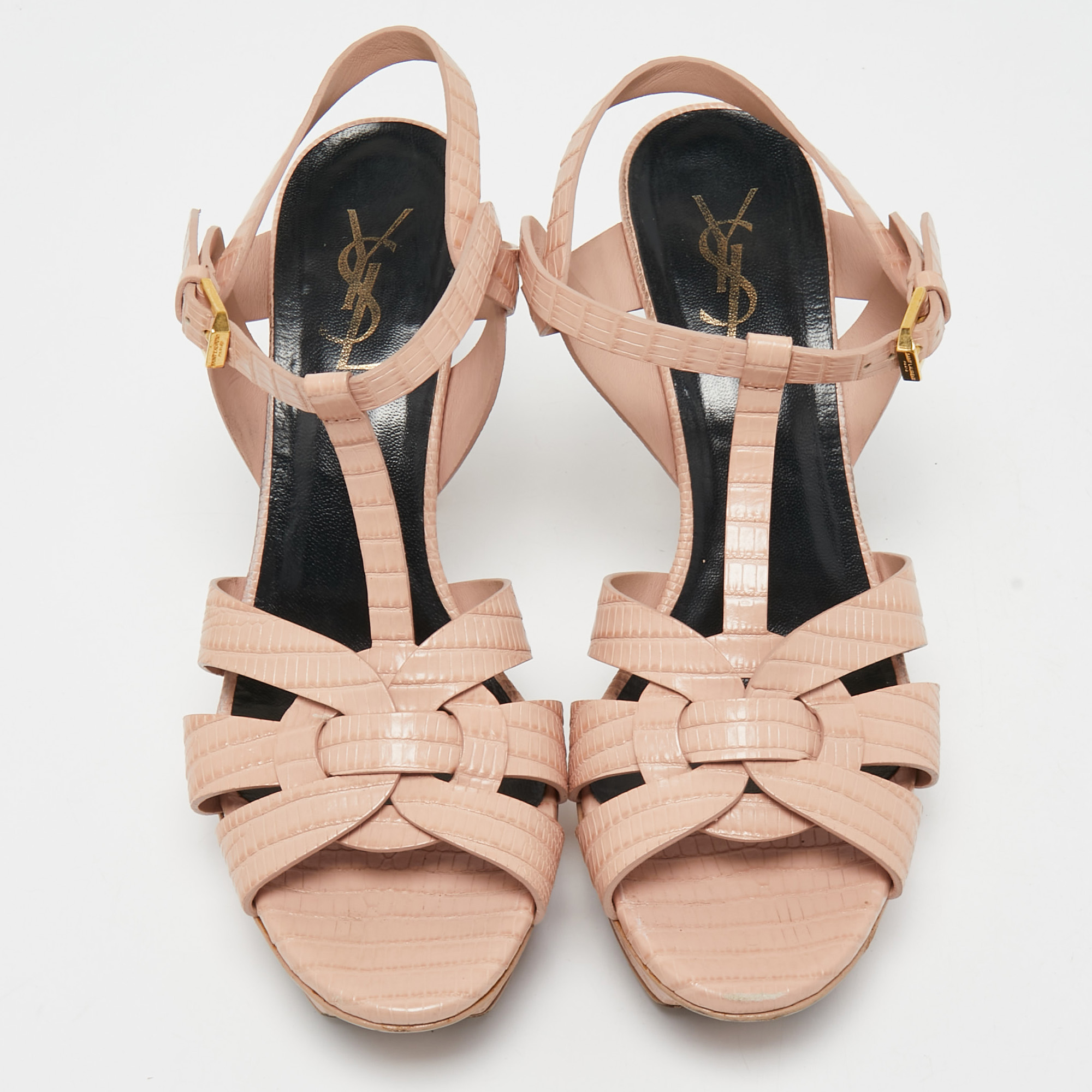 Yves Saint Laurent Pink Lizard Embossed Leather Tribute Ankle Strap Sandals Size 38.5