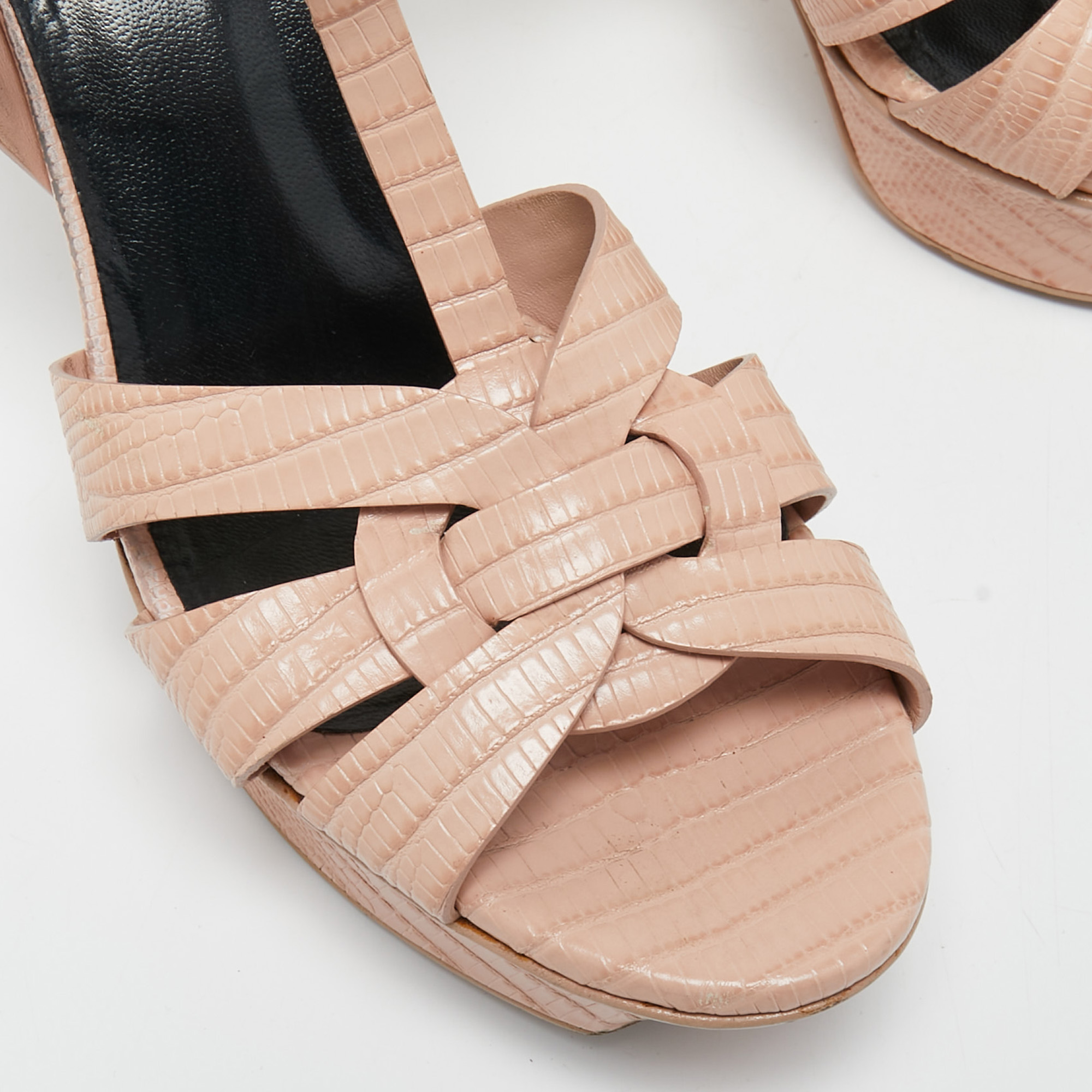 Yves Saint Laurent Pink Lizard Embossed Leather Tribute Ankle Strap Sandals Size 38.5