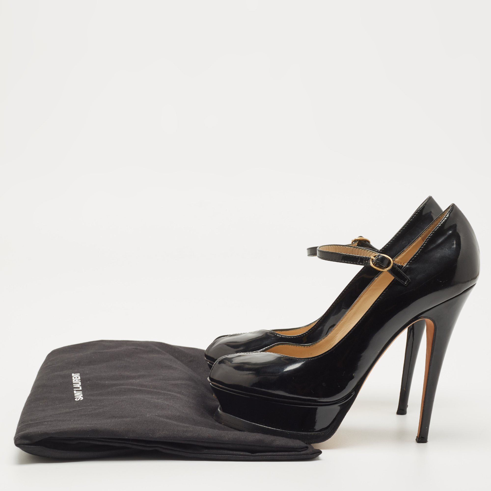 Yves Saint Laurent Black Patent Tribute Ankle Strap Pumps Size 37.5