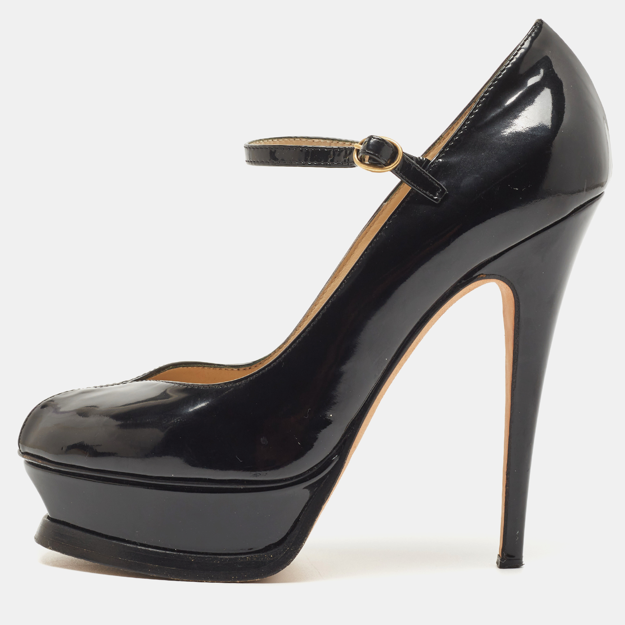 Yves Saint Laurent Black Patent Tribute Ankle Strap Pumps Size 37.5