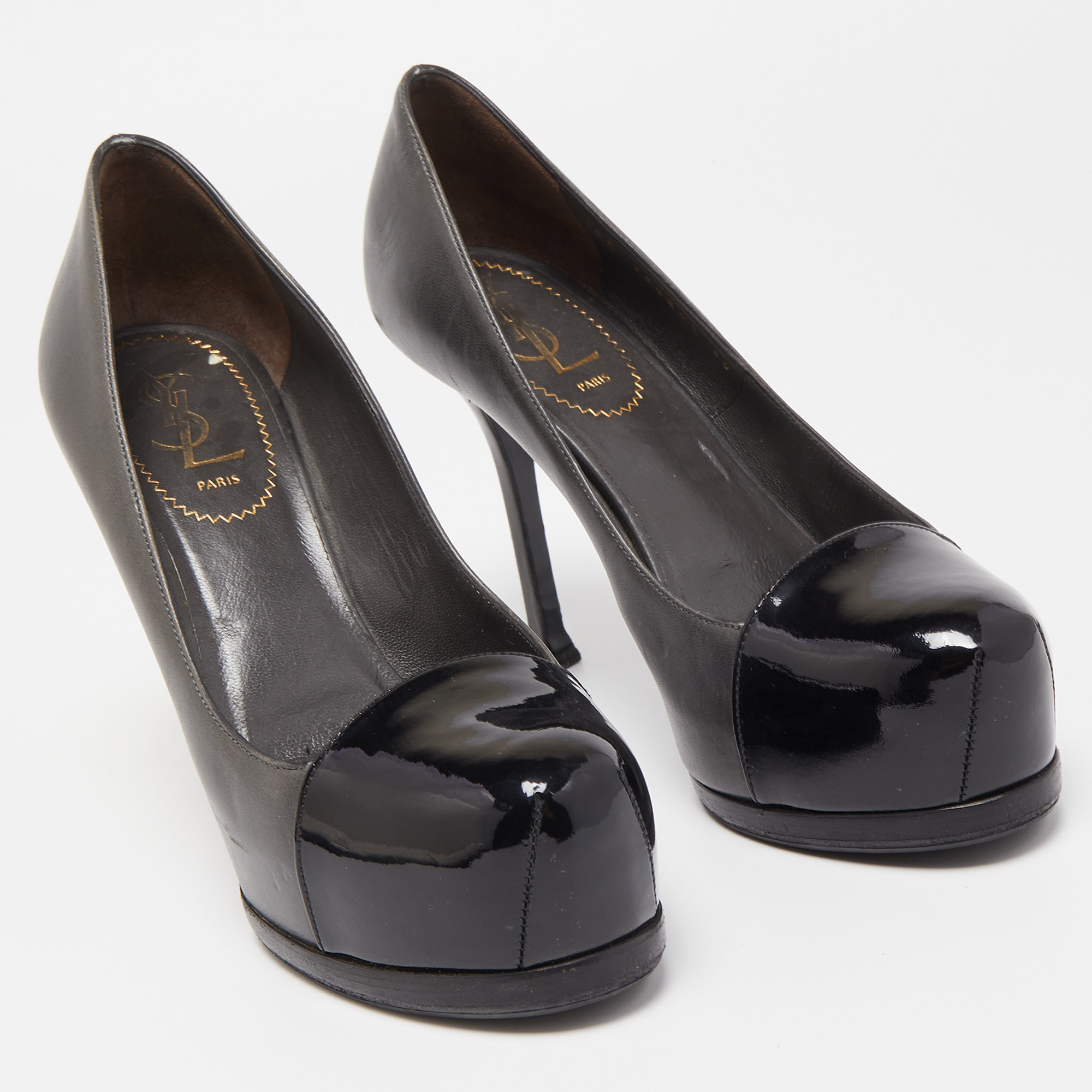 Yves Saint Laurent Grey/Black Leather And Patent Tribtoo Pumps Size 36