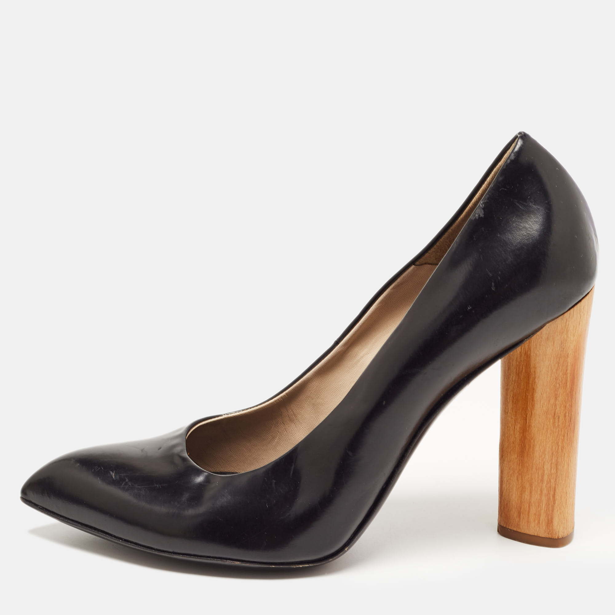 Yves saint laurent black leather pointed toe wood heel pumps size 41