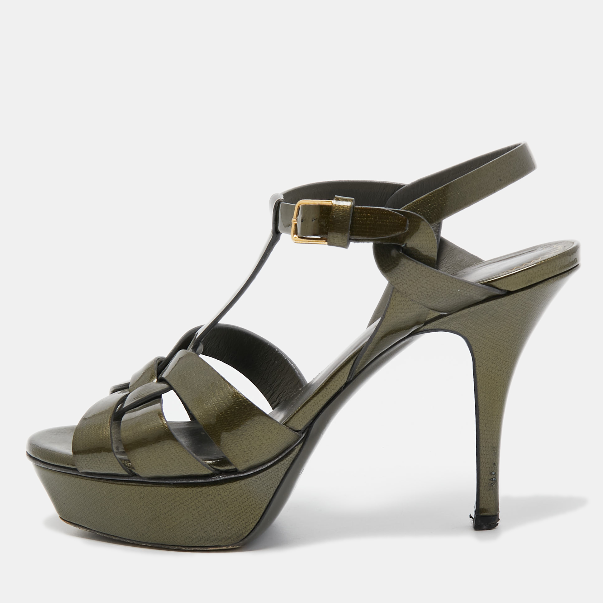 Yves Saint Laurent Olive Green Patent Leather Tribute Sandals Size 36