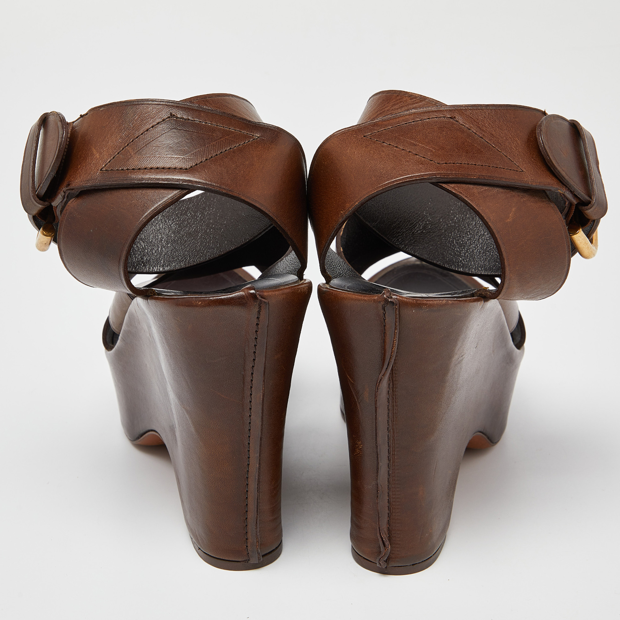 Yves Saint Laurent Brown Leather Wedge Platform Ankle Strap Sandals Size 38