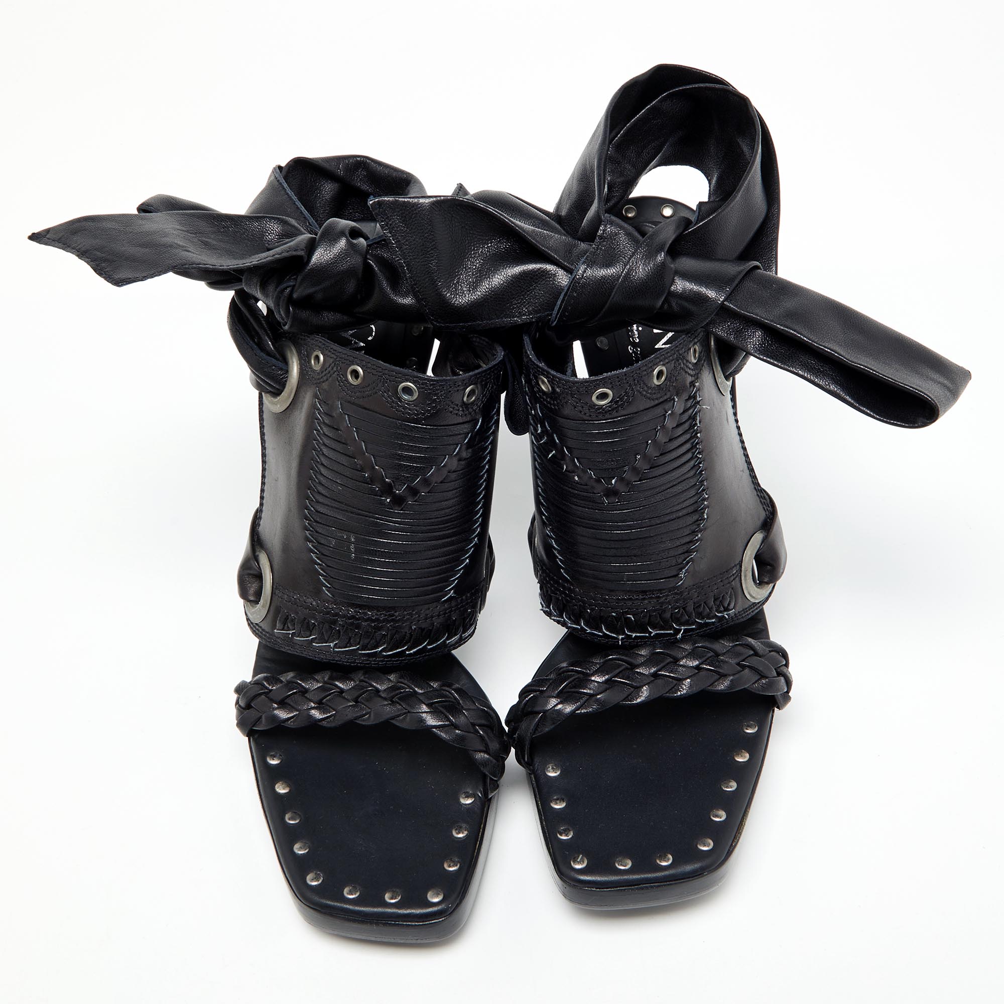 Yves Saint Laurent Black Leather Open Toe Ankle Wrap Sandals Size 37