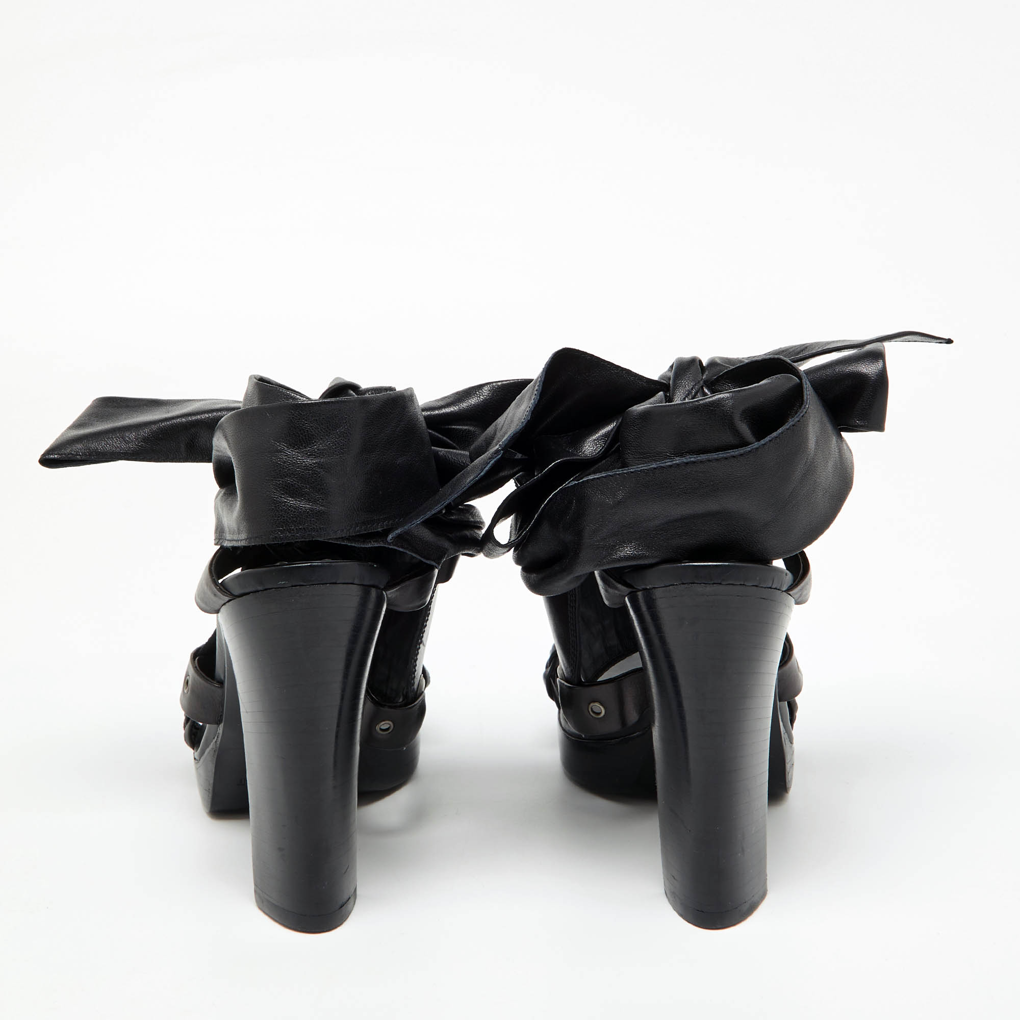 Yves Saint Laurent Black Leather Open Toe Ankle Wrap Sandals Size 37