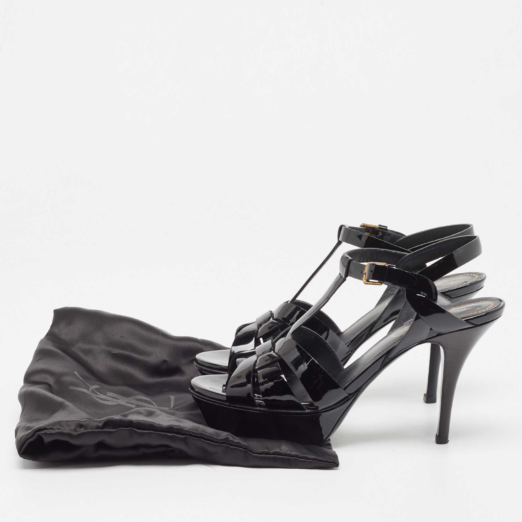 Yves Saint Laurent Black Patent Tribute Ankle Strap Sandals Size 36.5
