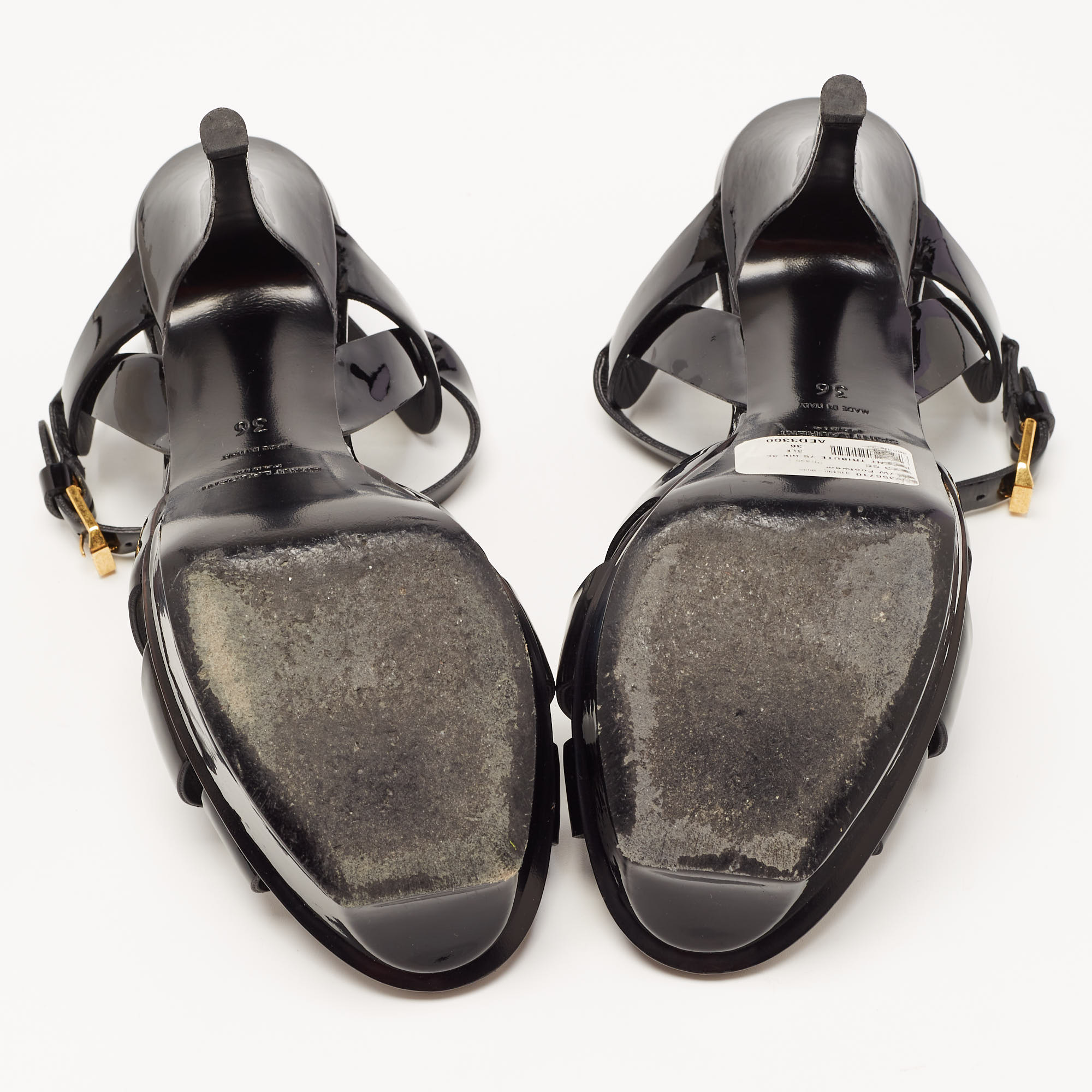 Yves Saint Laurent Black Patent Tribute Ankle Strap Sandals Size 36