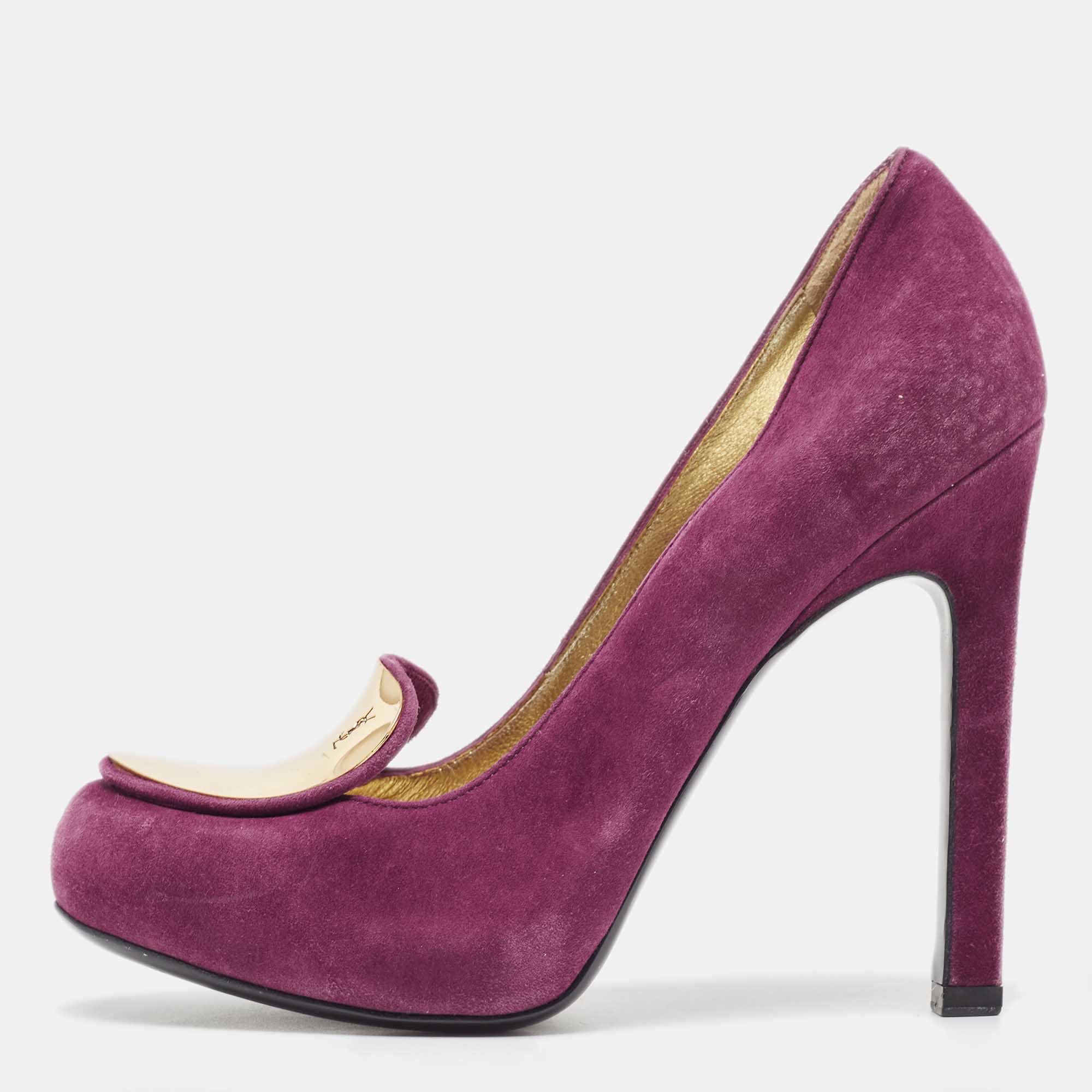 Yves saint laurent purple suede plaque embellished round toe pumps size 36.5