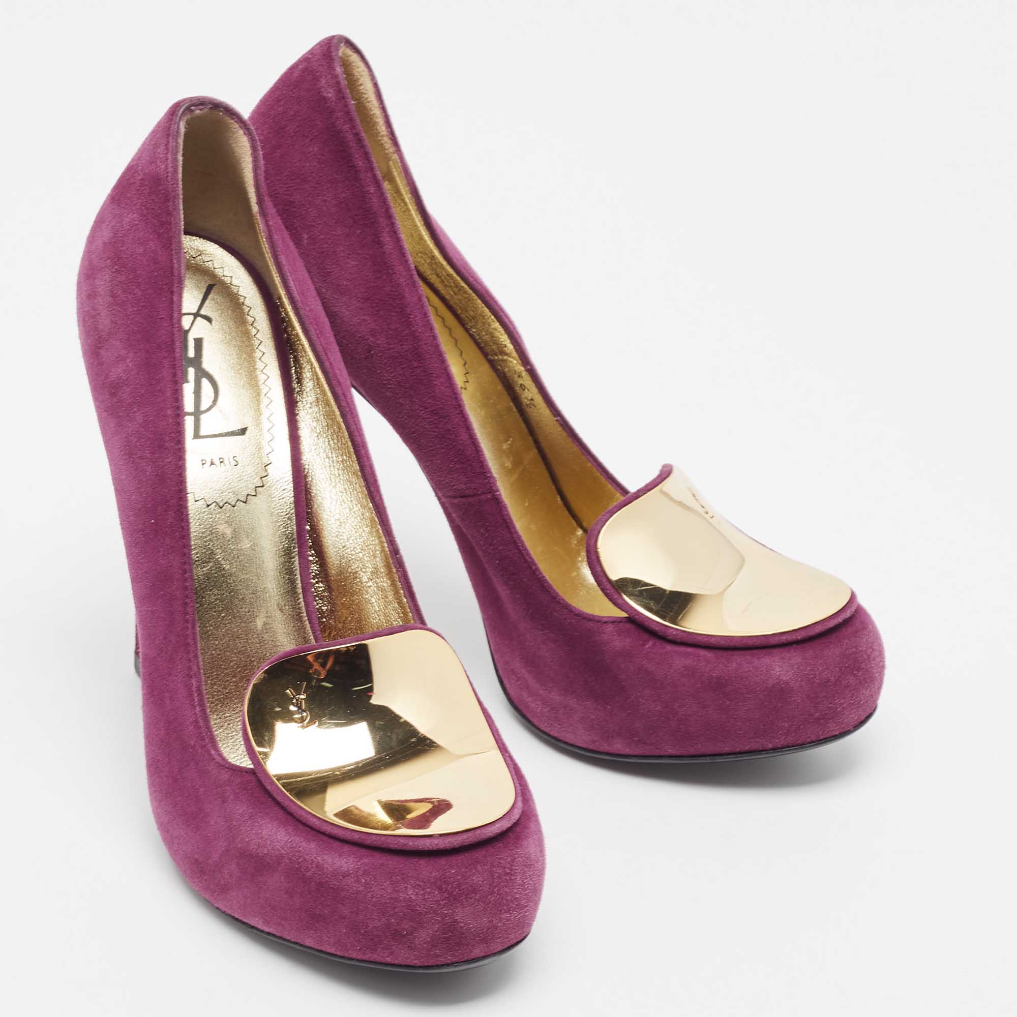Yves Saint Laurent Purple Suede Plaque Embellished Round Toe Pumps Size 36.5