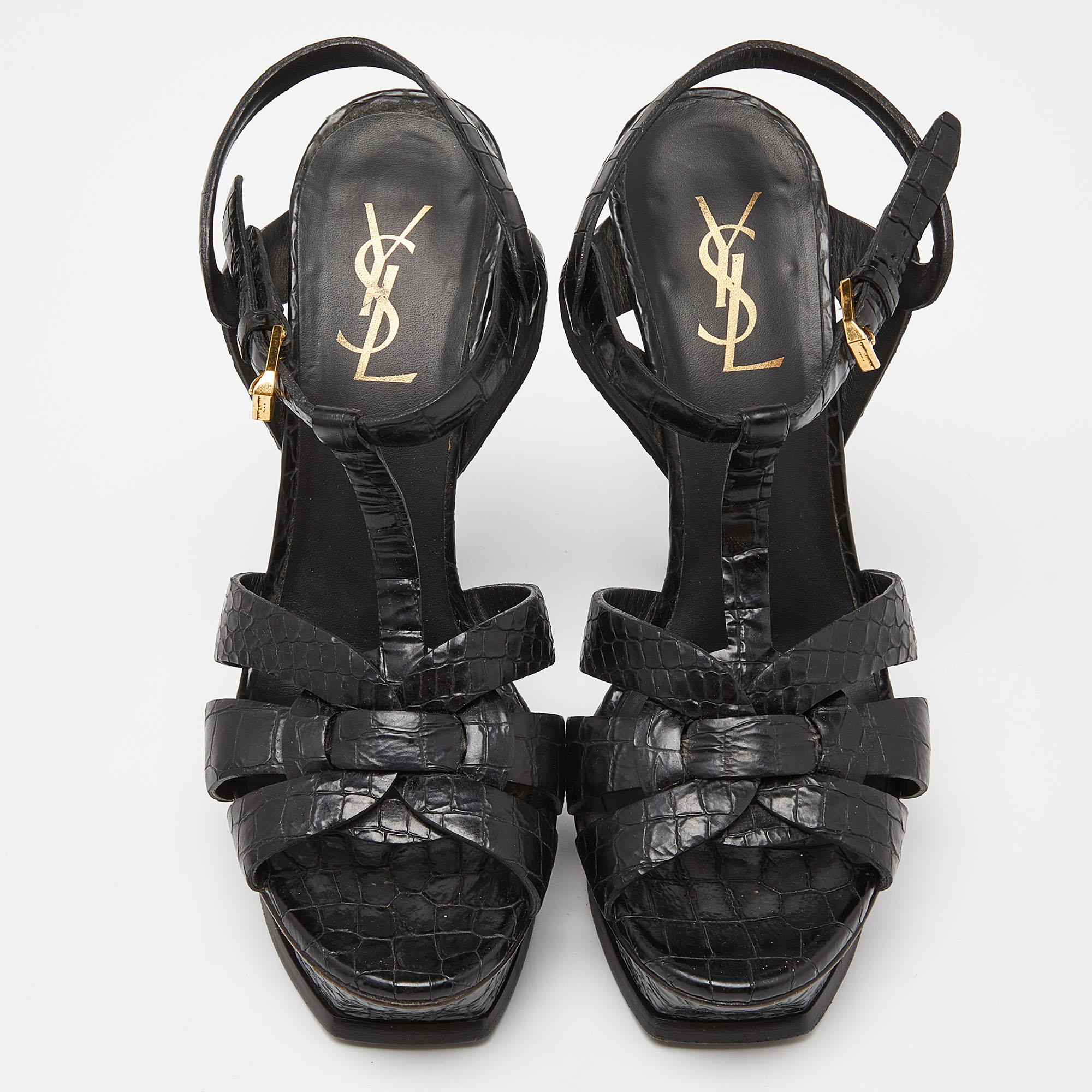 Saint Laurent Black Croc Embossed Leather Tribute Sandals Size 38