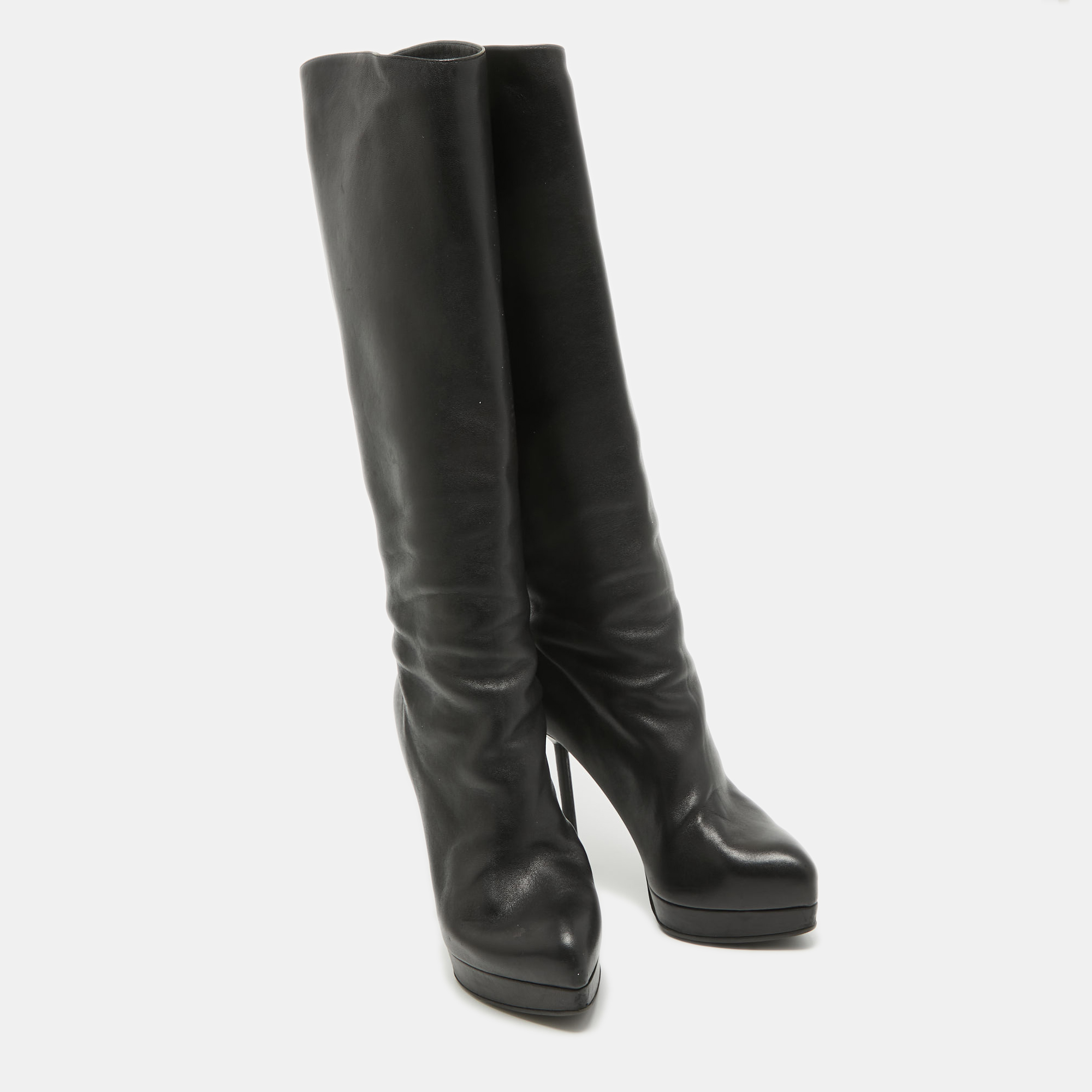 Yves Saint Laurent Black Leather Platform Knee Length Boots Size 36