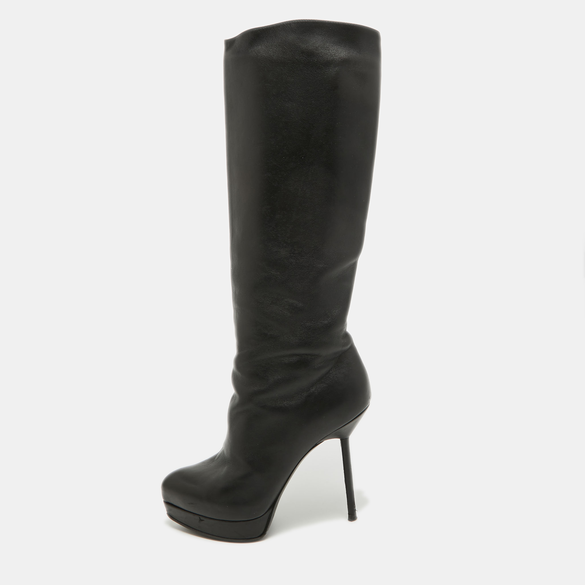 Yves saint laurent black leather platform knee length boots size 36