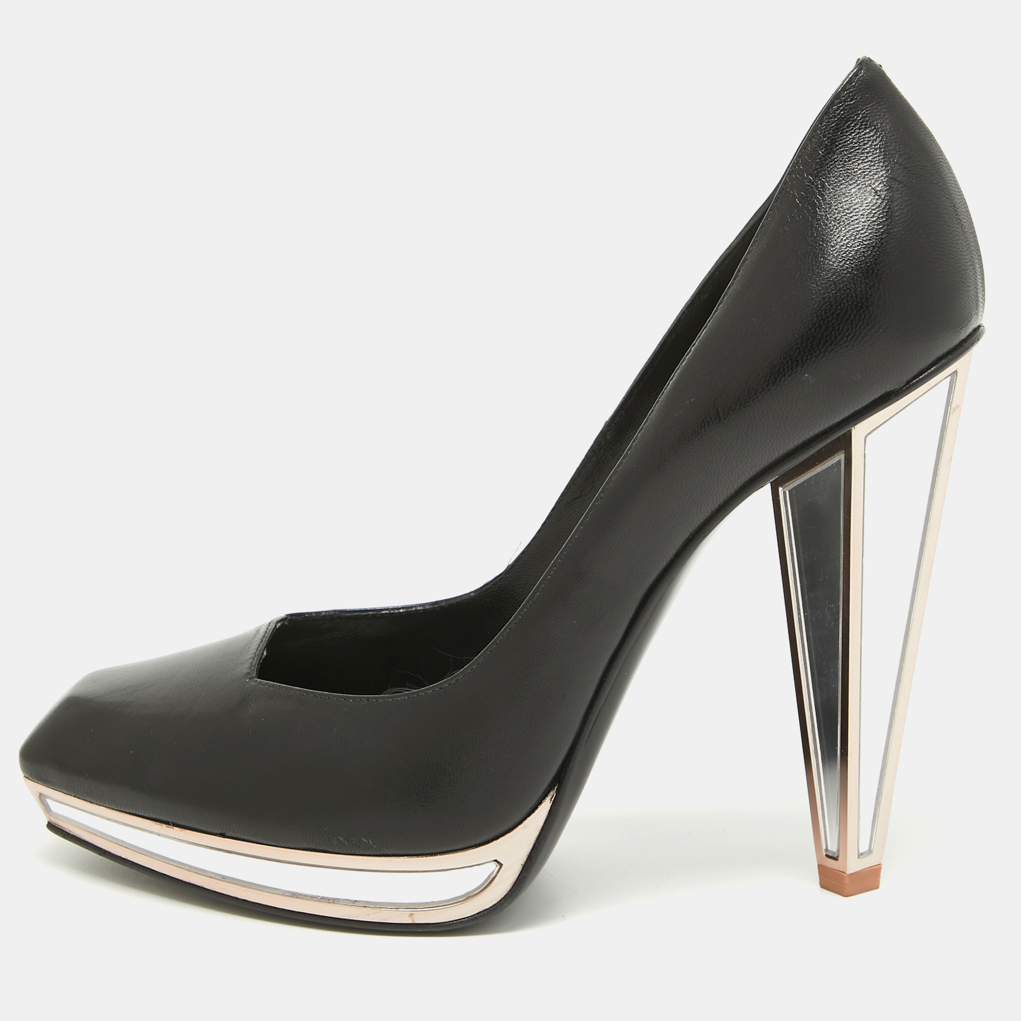 Yves saint laurent black leather mirror heel platform pumps size 38.5