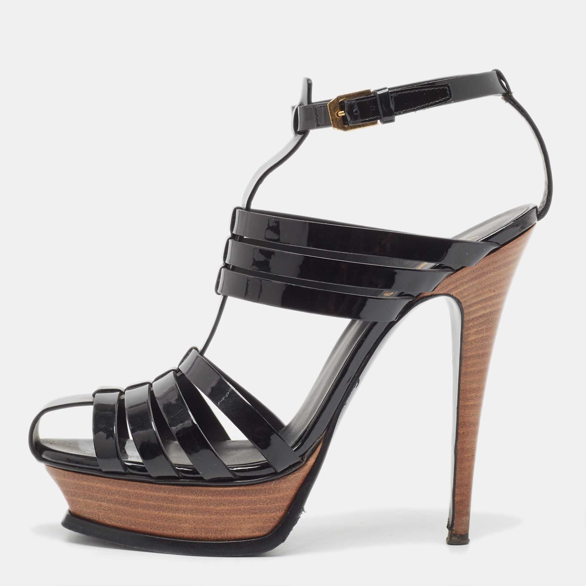 

Yves Saint Laurent Black Patent Tribute Ankle Strap Sandals Size