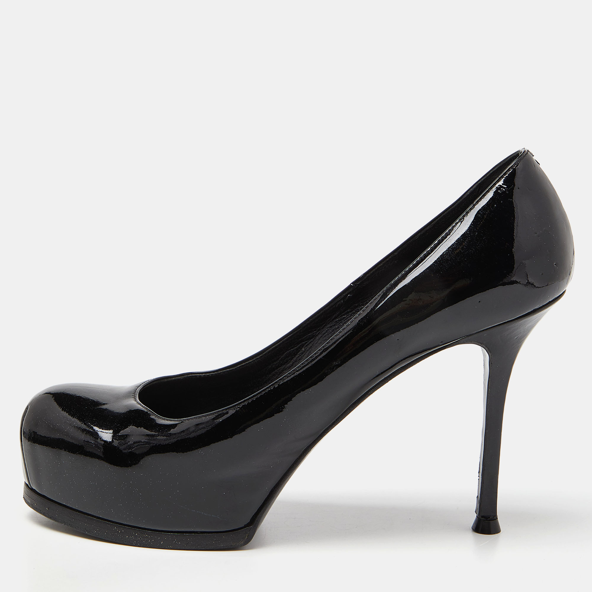 Yves saint laurent black patent leather tribtoo platform pumps size 40.5