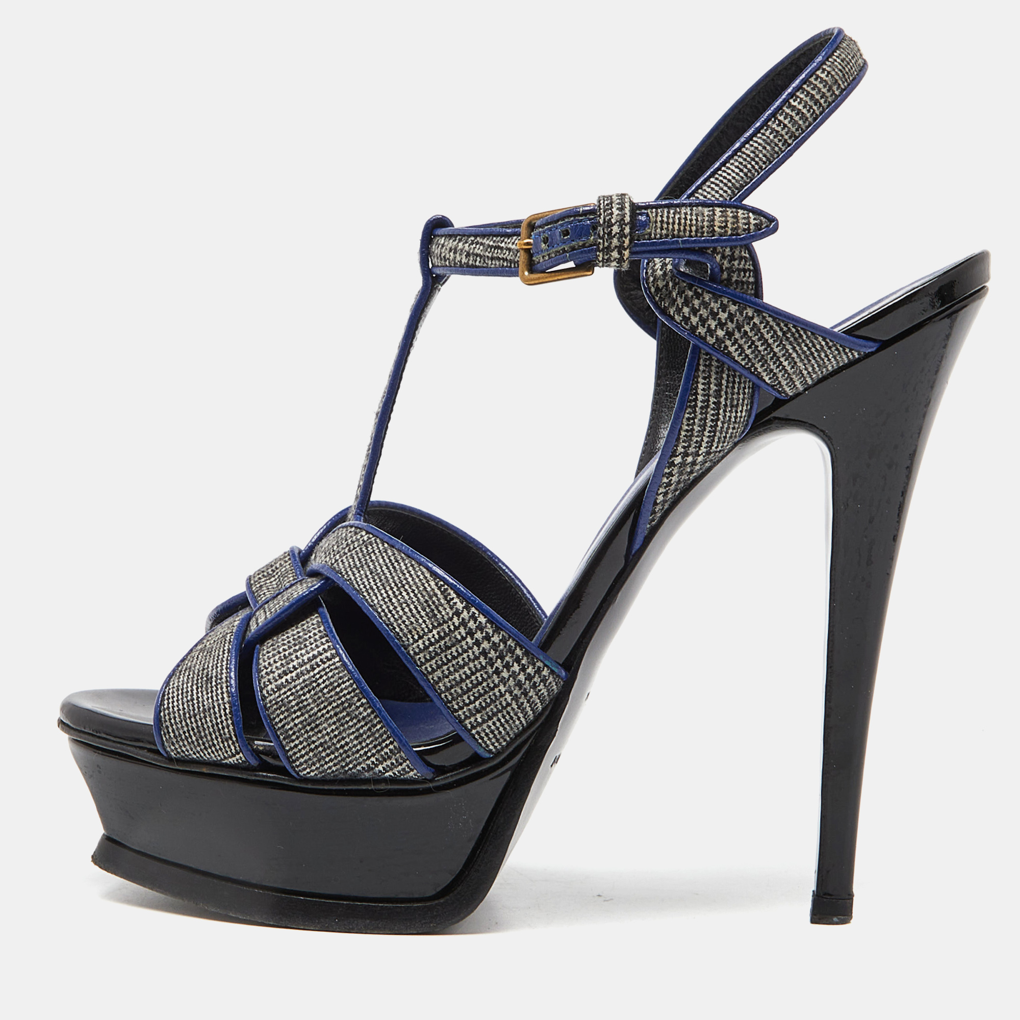 Yves saint laurent grey/blue fabric and leather tribute ankle strap sandals size 37.5