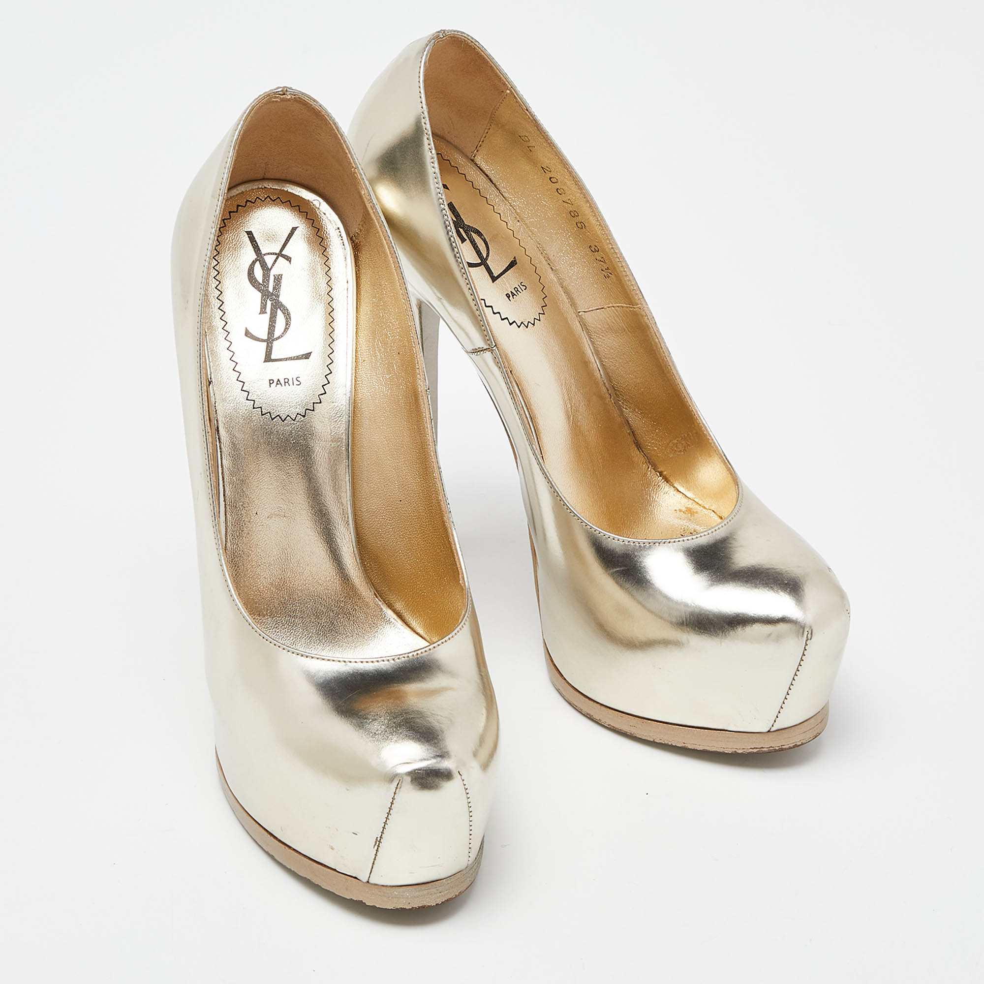 Yves Saint Laurent Light Gold Leather Tribtoo Platform Pumps Size 37.5