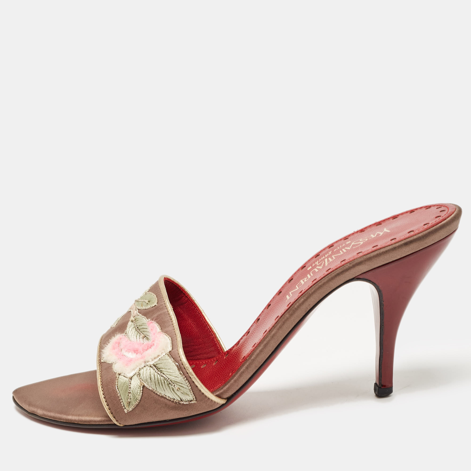 

Yves Saint Laurent Red/Grey Satin and Leather Embroidered Slide Sandals Size