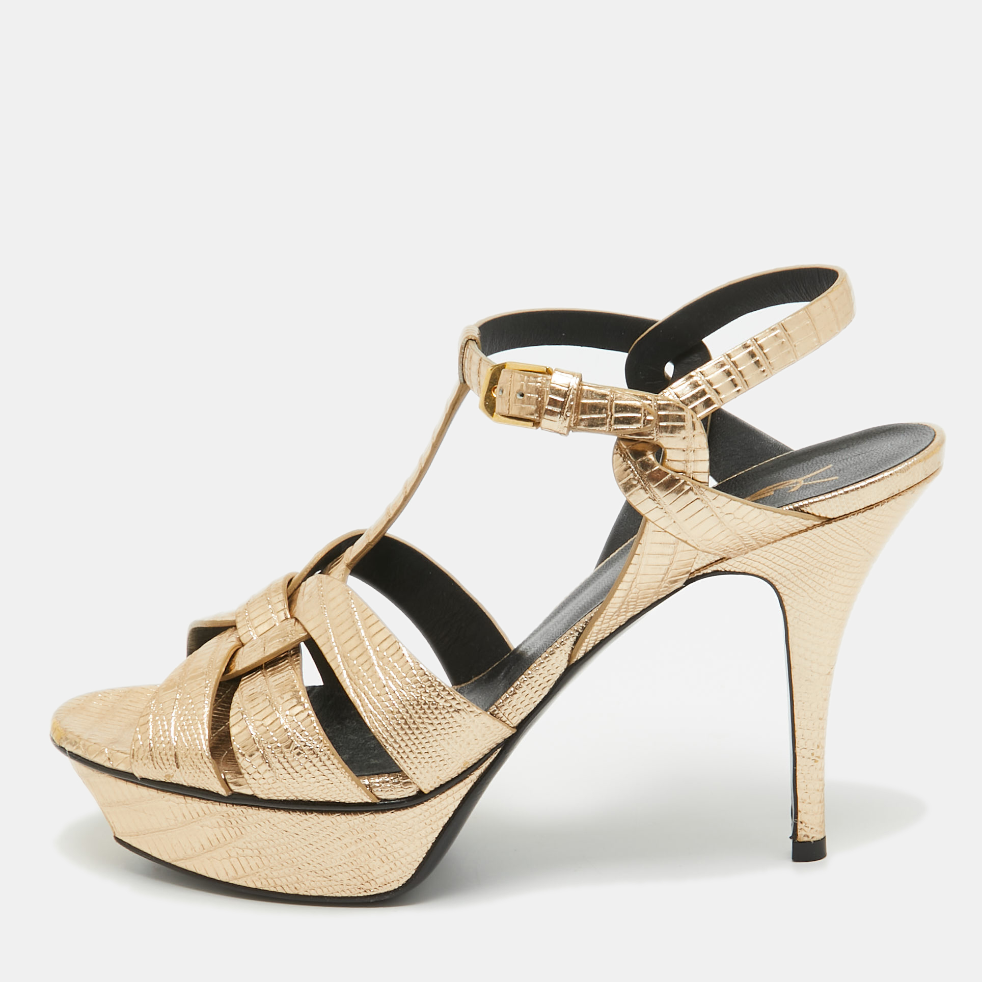 Yves saint laurent metallic gold  lizard embossed leather tribute sandals size 40