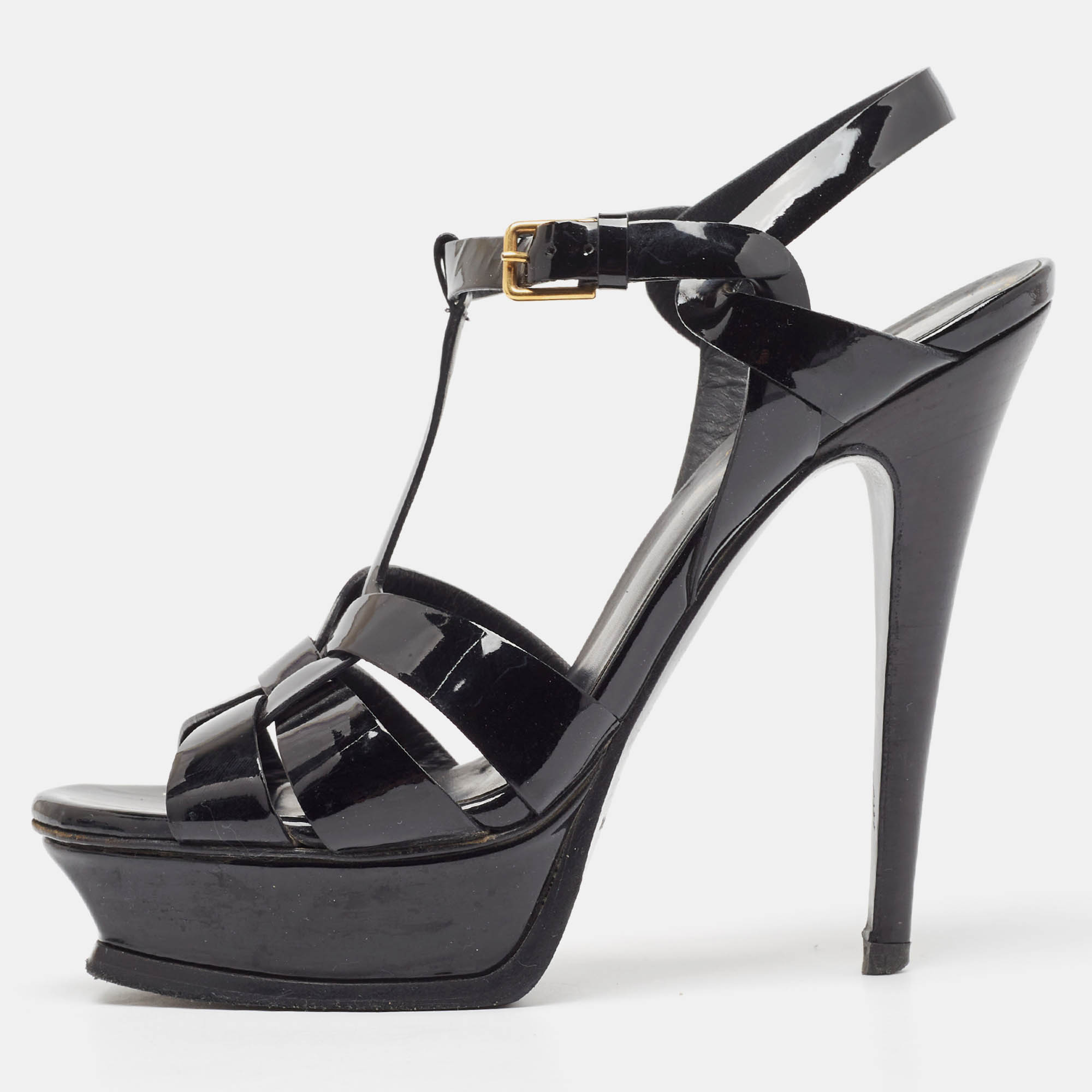 Yves saint laurent black patent leather tribute platform sandals size 37