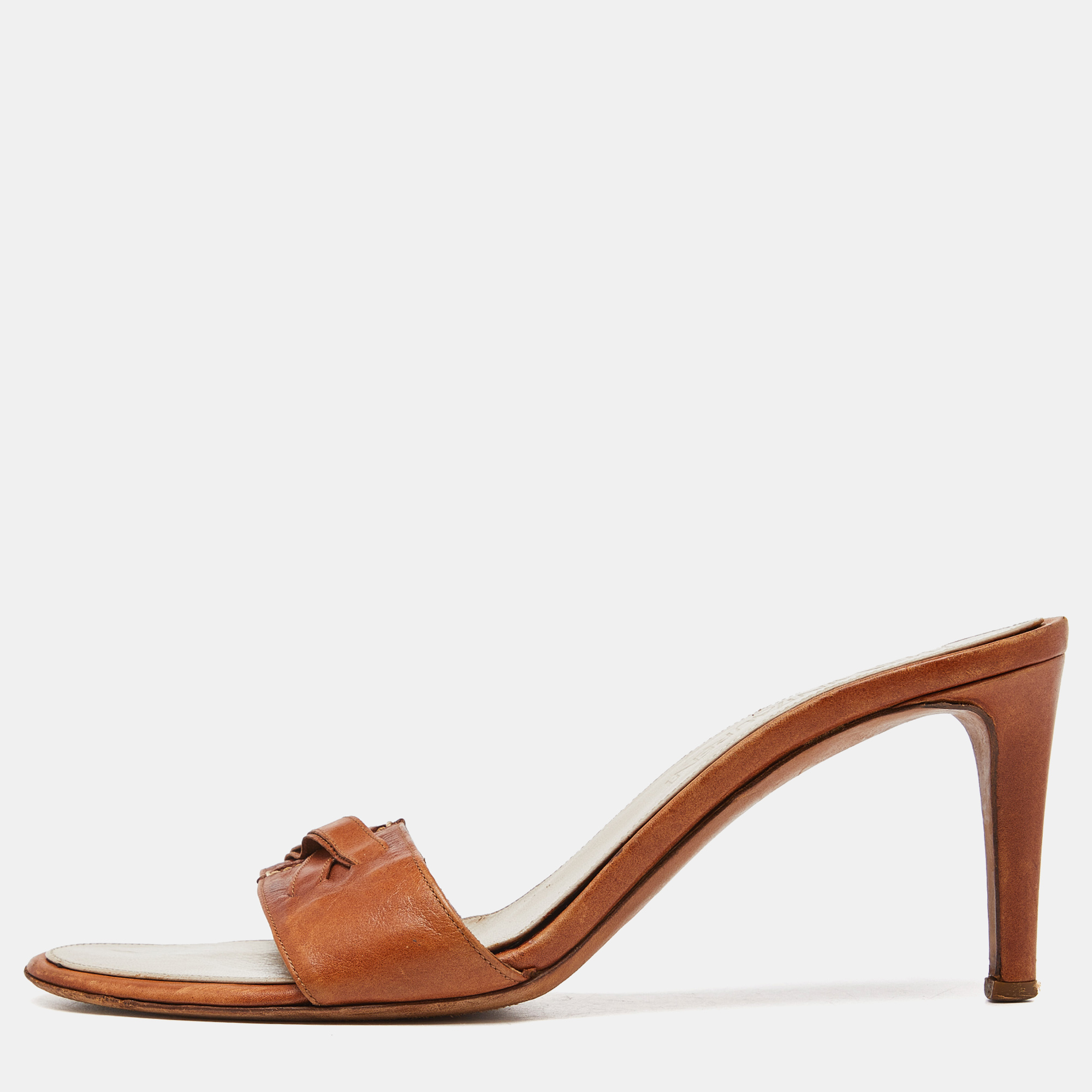 Yves saint laurent brown leather open toe slide sandals size 38.5