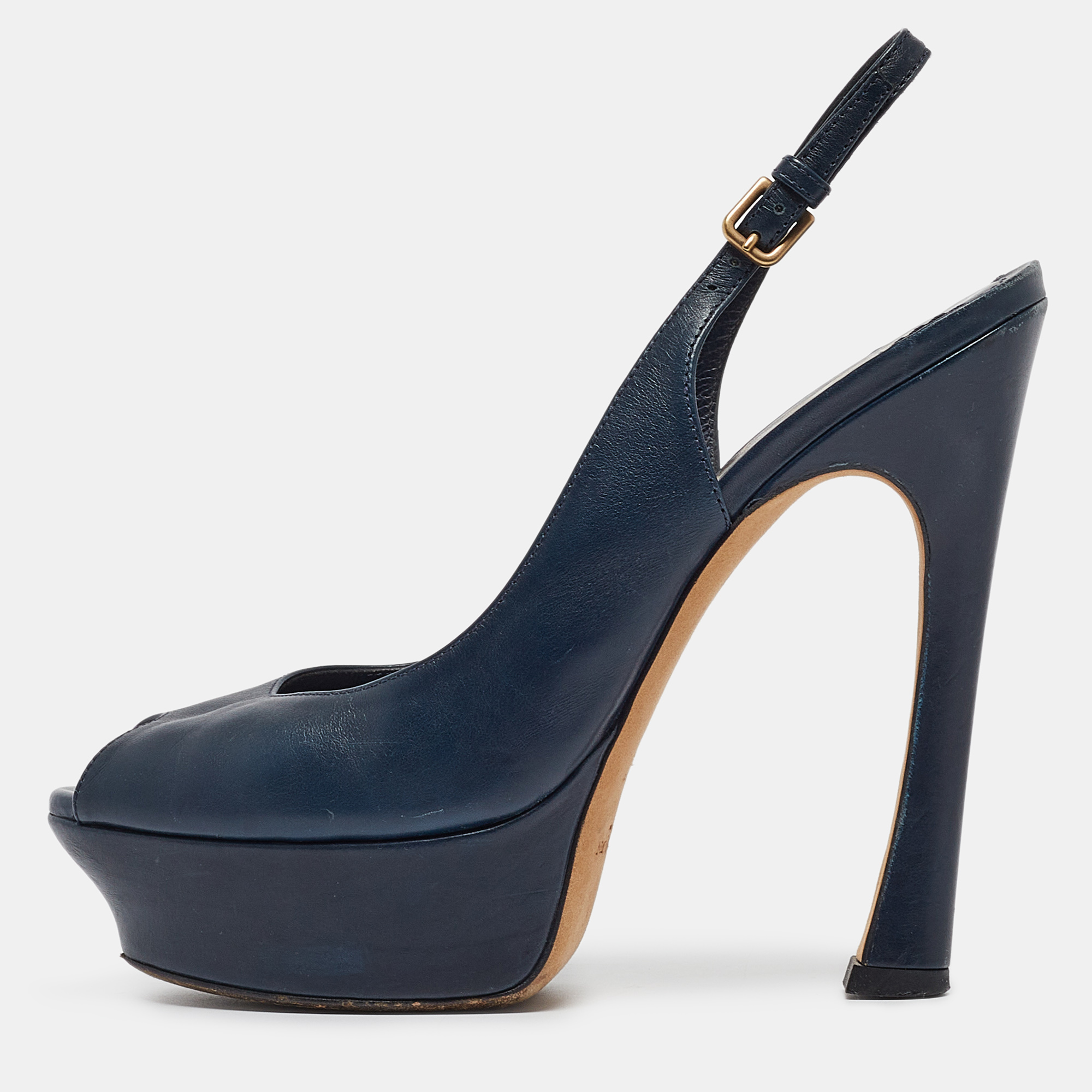 Yves saint laurent navy blue leather peep toe platform slingback pumps size 36