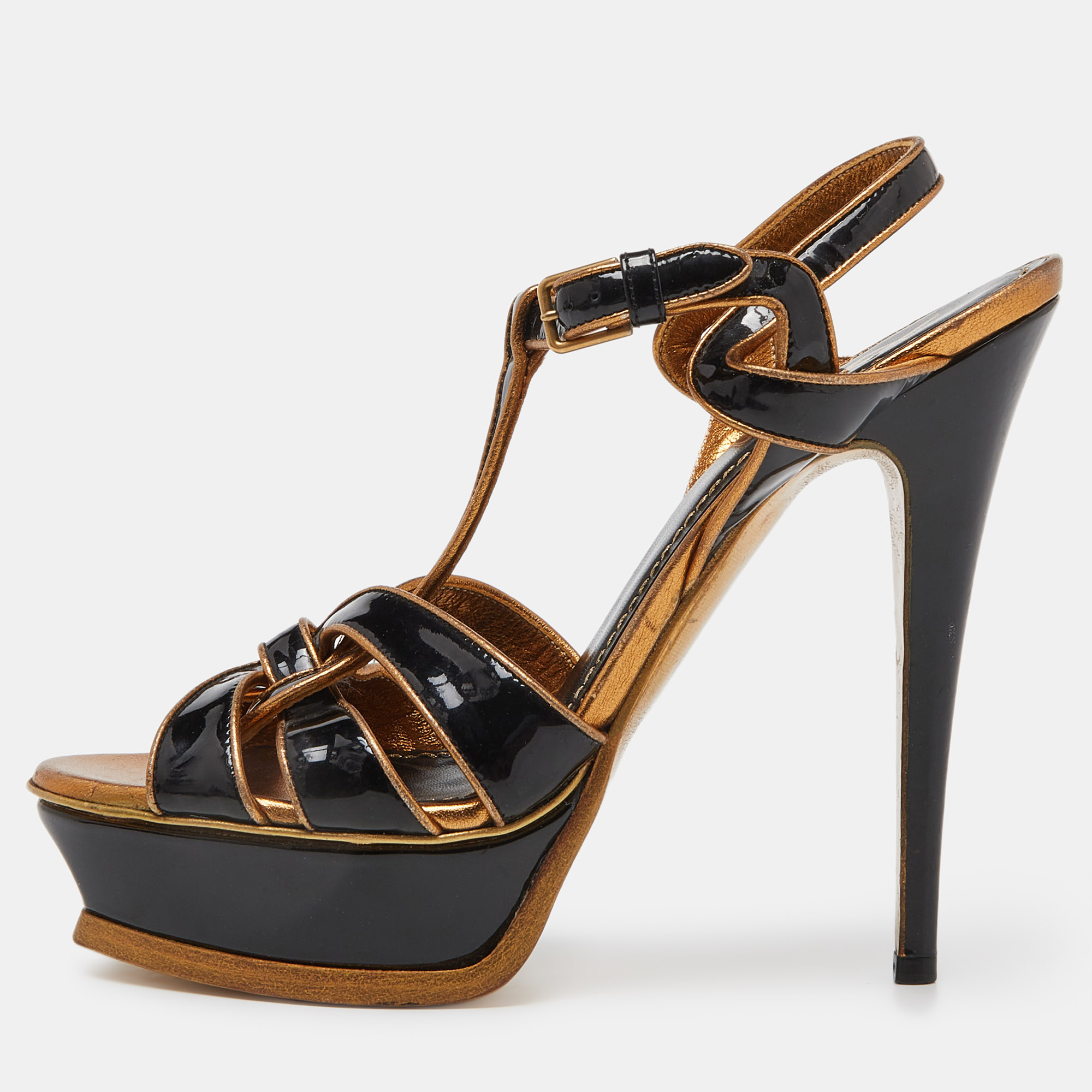 Yves saint laurent black/gold patent leather tribute platform ankle strap sandals size 39