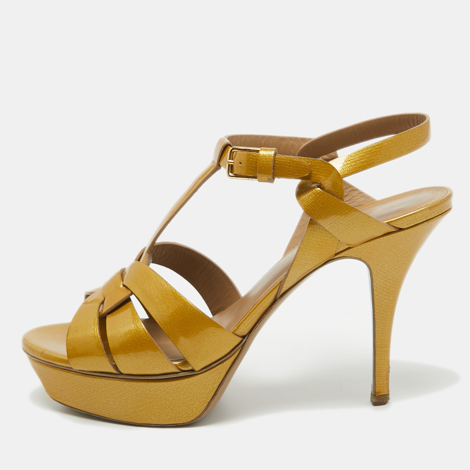 Yves saint laurent yellow patent leather tribute sandals size 38