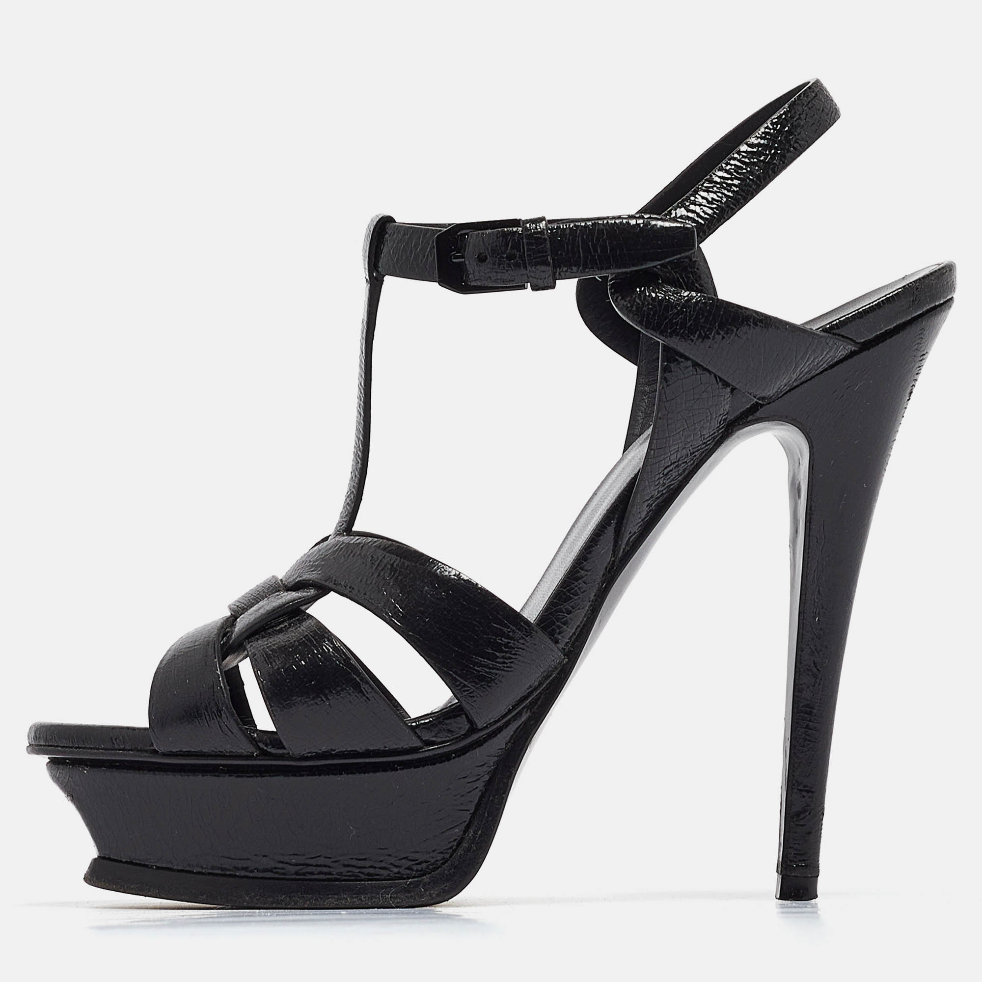Yves saint laurent black textured patent leather tribute platform ankle strap sandals size 36.5