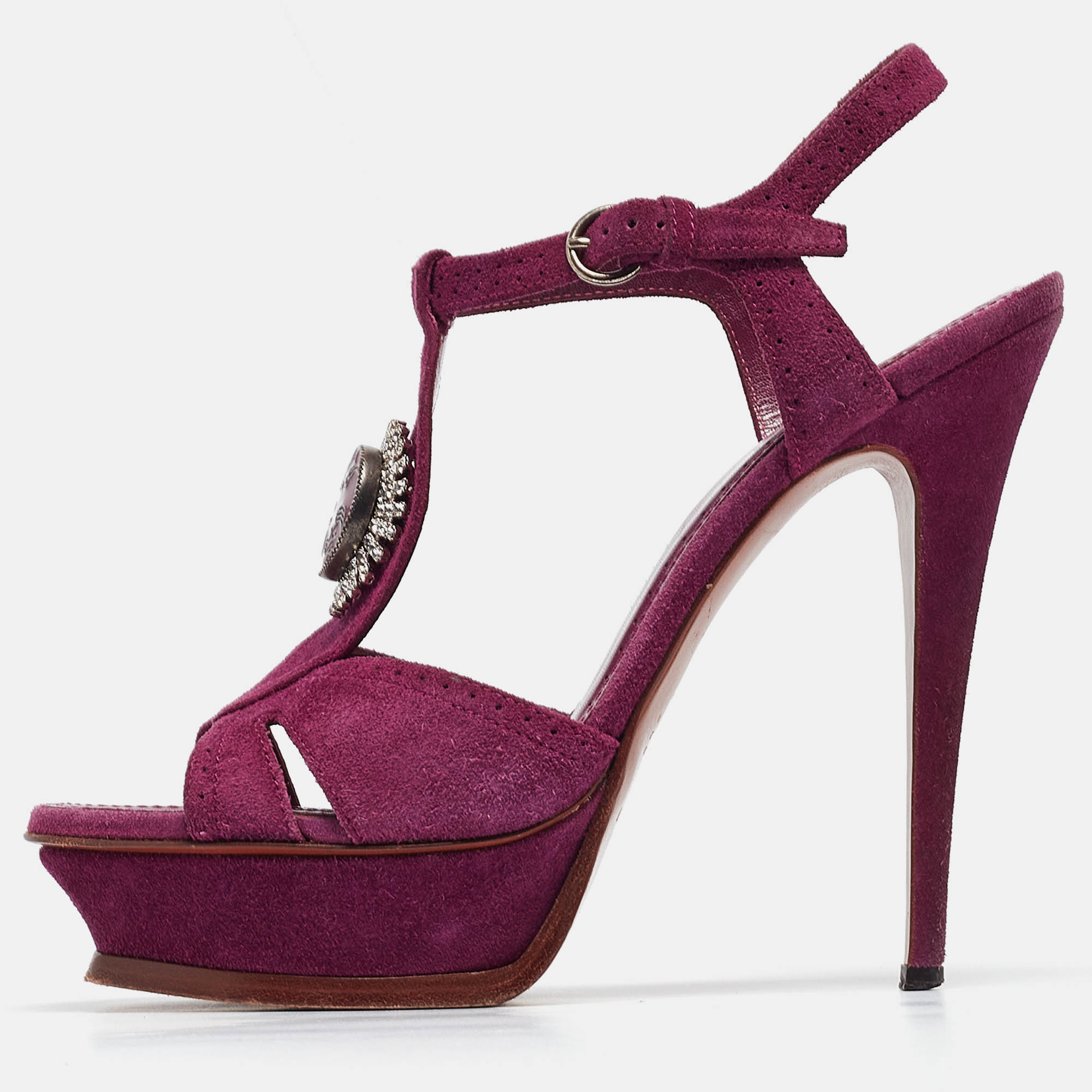 Yves saint laurent purple suede buckle detail platform ankle strap sandals size 40