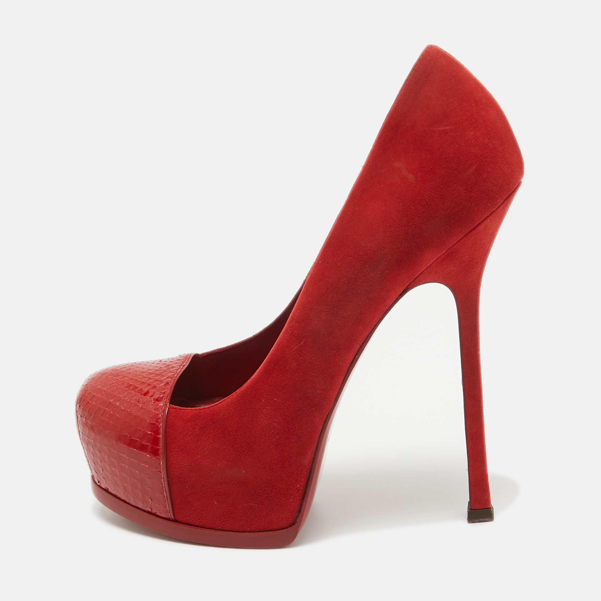 Yves saint laurent red suede and embossed python tribtoo pumps size 39