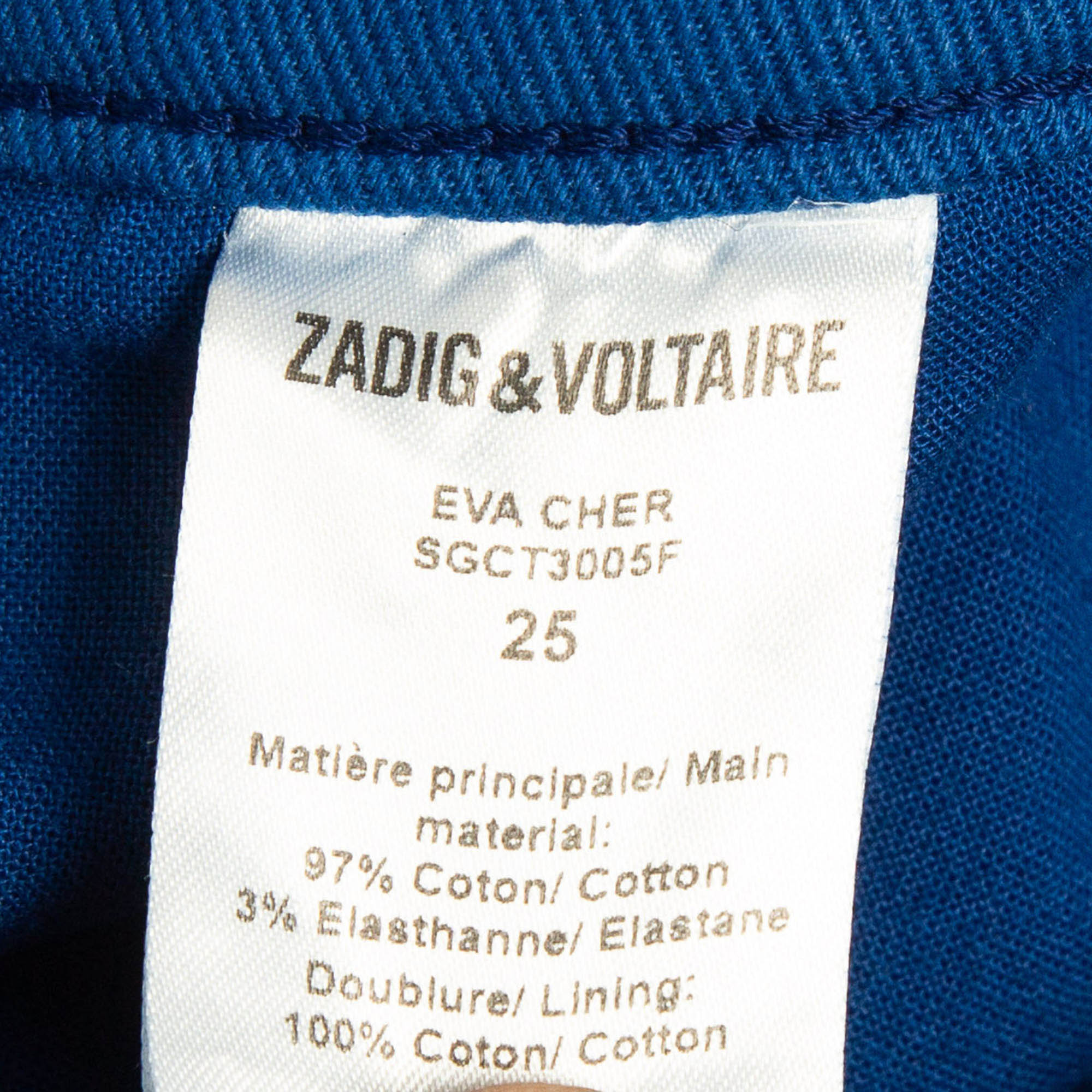 Zadig & Voltaire Blue Cotton Drill Skinny Eva Cher Jeans S Waist 25