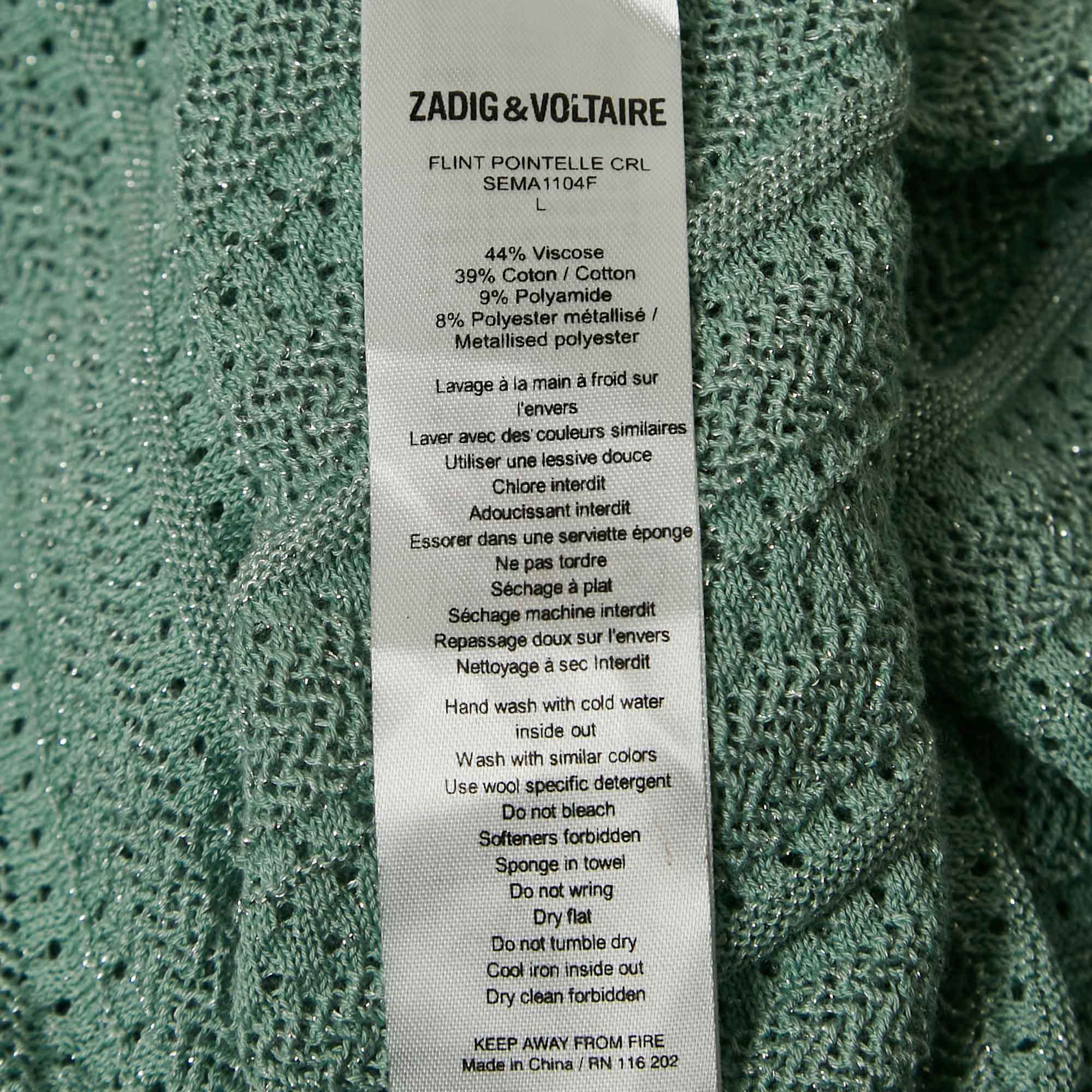 Zadig & Voltaire Green Lurex Knit Flint Pointelle Sheer Sweatshirt L