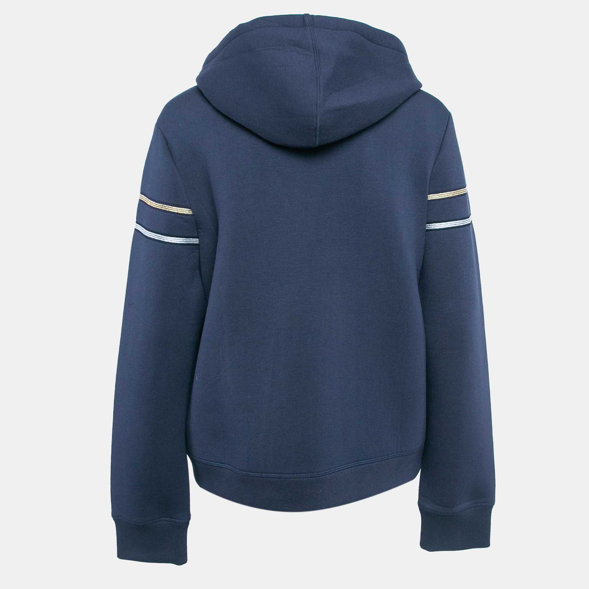 Zadig & Voltaire Navy Blue Striped Neoprene Zip Up Hoodie L