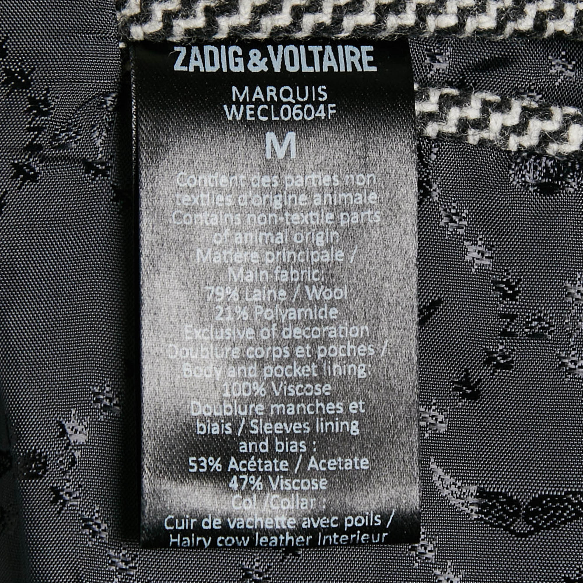 Zadig & Voltaire Black/White Patterned Wool Fur Trim Collar Marquis Coat M