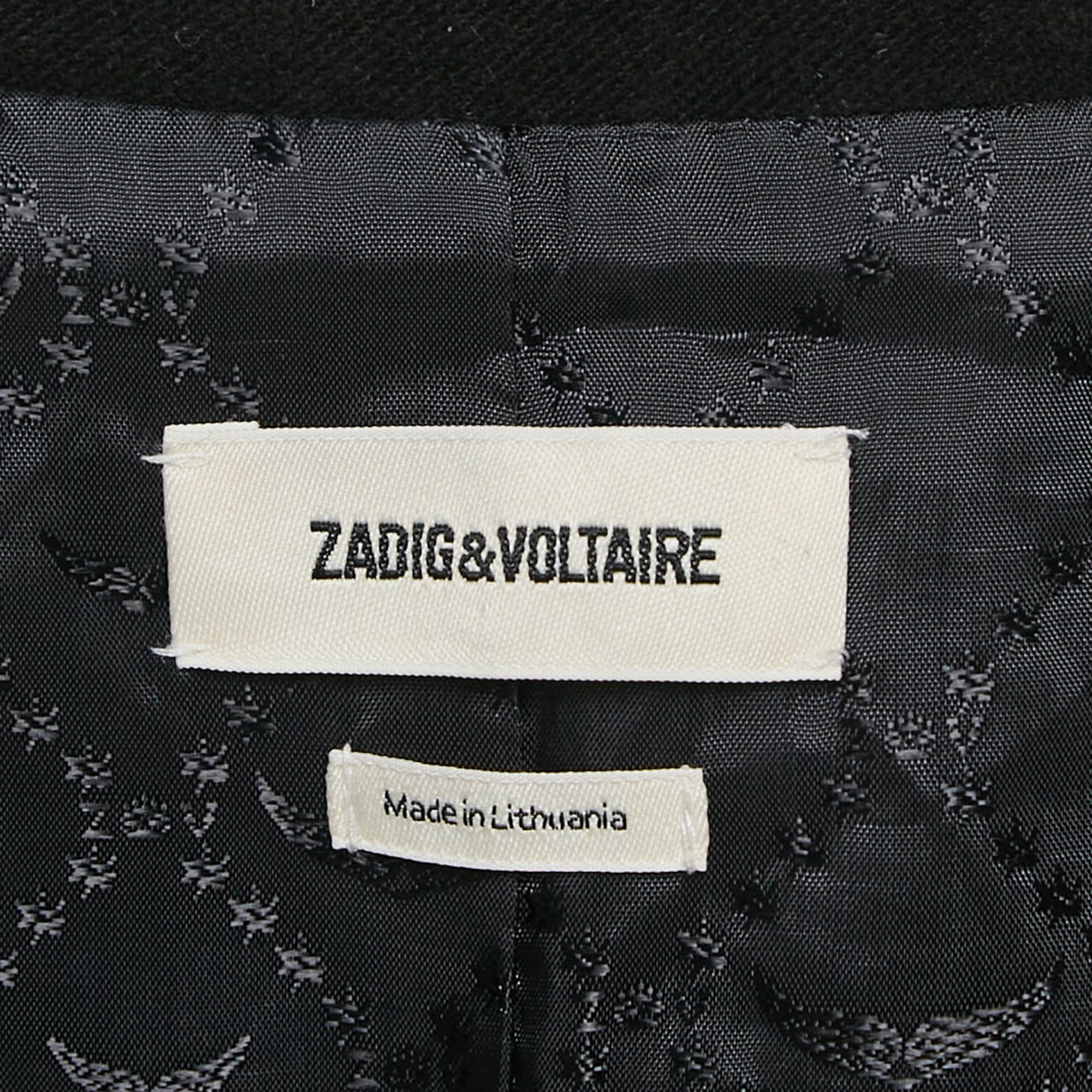 Zadig & Voltaire Black/White Patterned Wool Fur Trim Collar Marquis Coat M