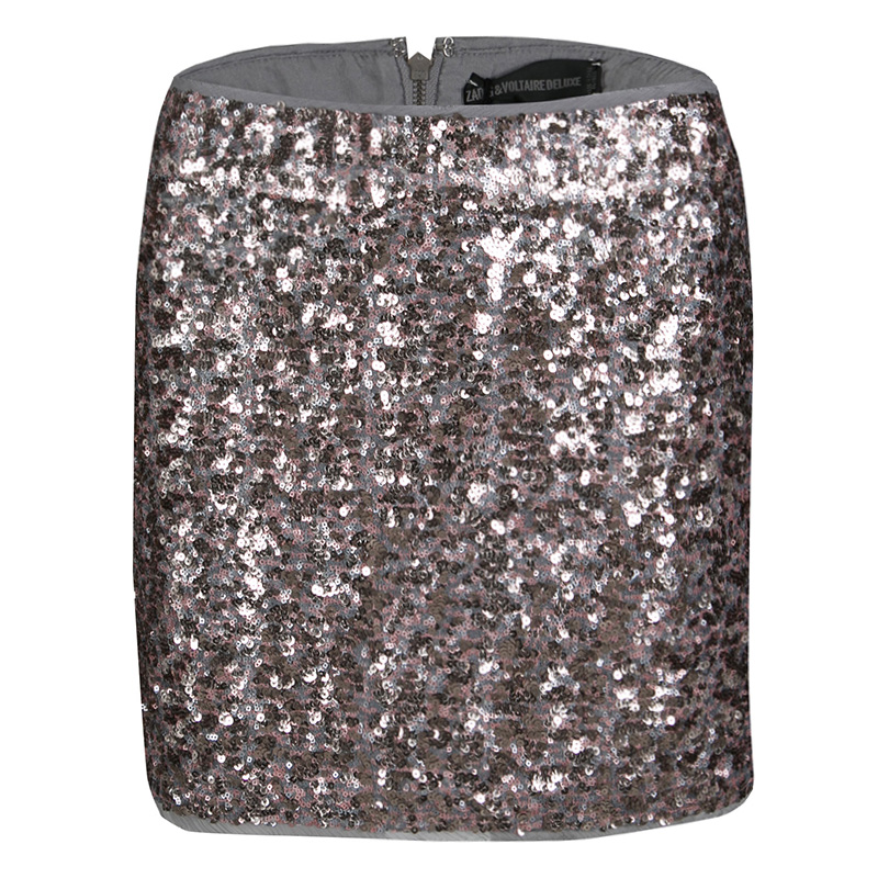 Image of Zadig and Voltaire Grey and Pink Sequined Jasmi Pai Deluxe Jupe Mini Skirt S