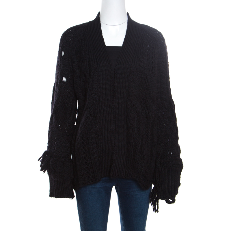 Image of Zadig and Voltaire Black Chunky Knit Tassel Trim Dalia Cardigan L