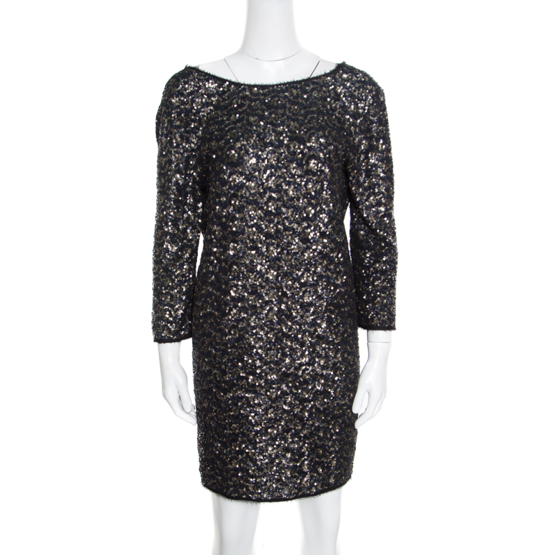 Image of Zadig and Voltaire Deluxe Noir Matte Sequin Embellished Rousse Shift Dress M