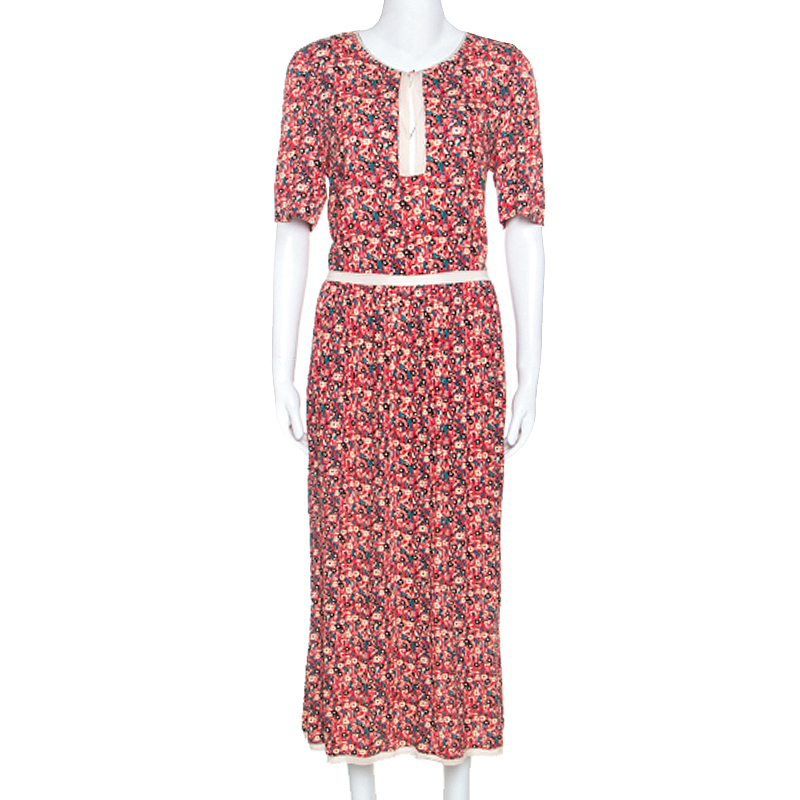 Image of Zadig and Voltaire Red Floral Print Lace Trimmed Rivale Midi Dress M