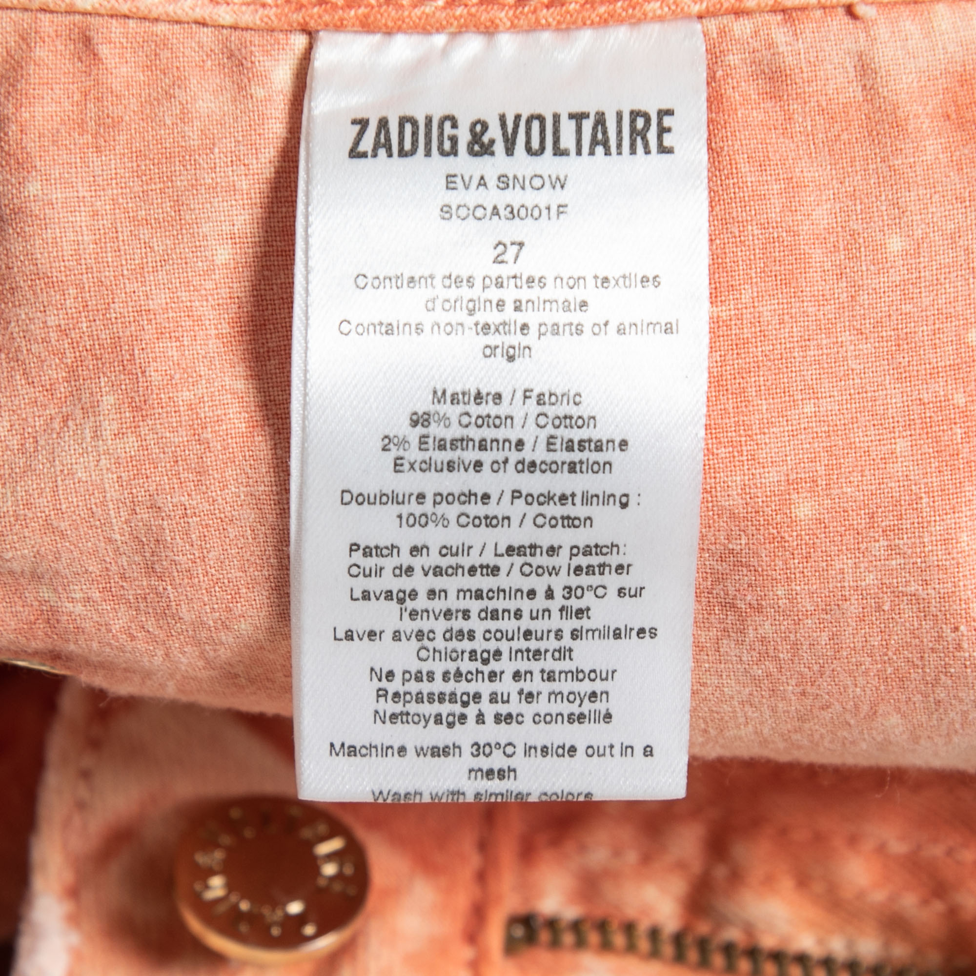 Zadig And Voltaire Light Orange Washed Denim Eva Snow Fitted Jeans S